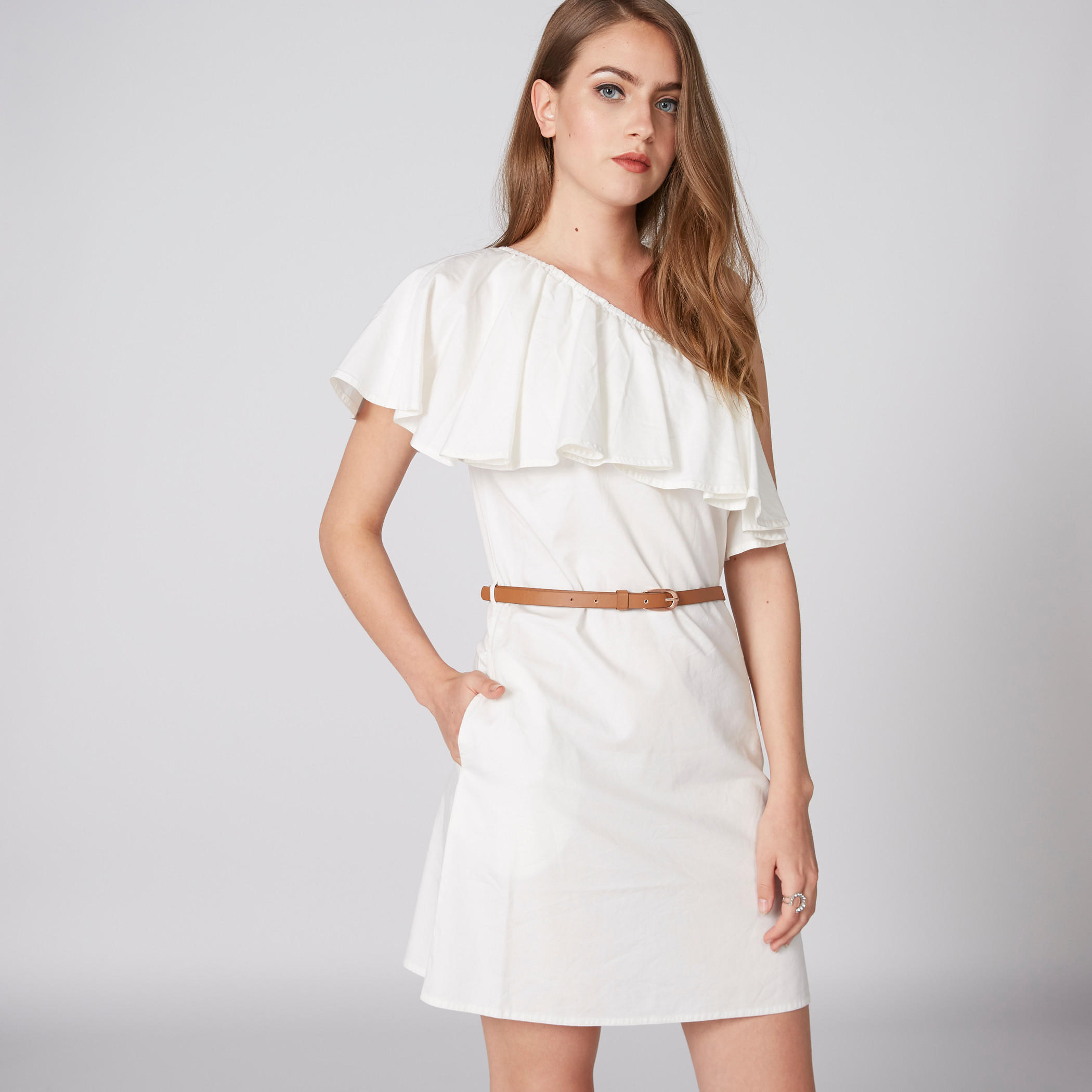Lee Cooper One Shoulder Mini Dress with Belt and Frill Detail-women-clothing-dresses-image-1