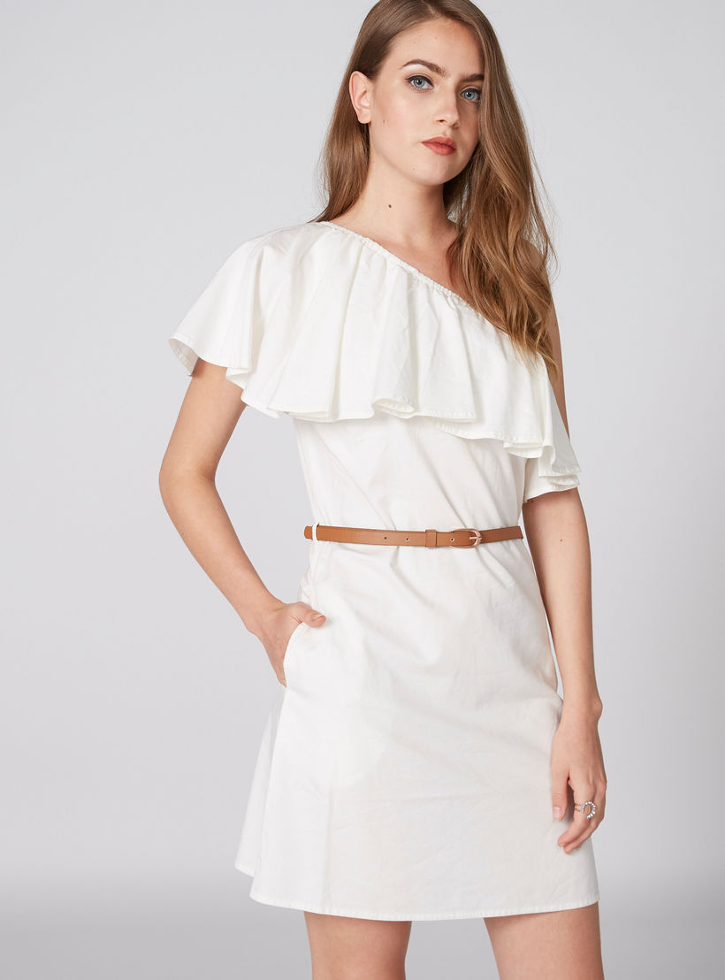 Lee Cooper One Shoulder Mini Dress with Belt and Frill Detail-women-clothing-dresses-image-1