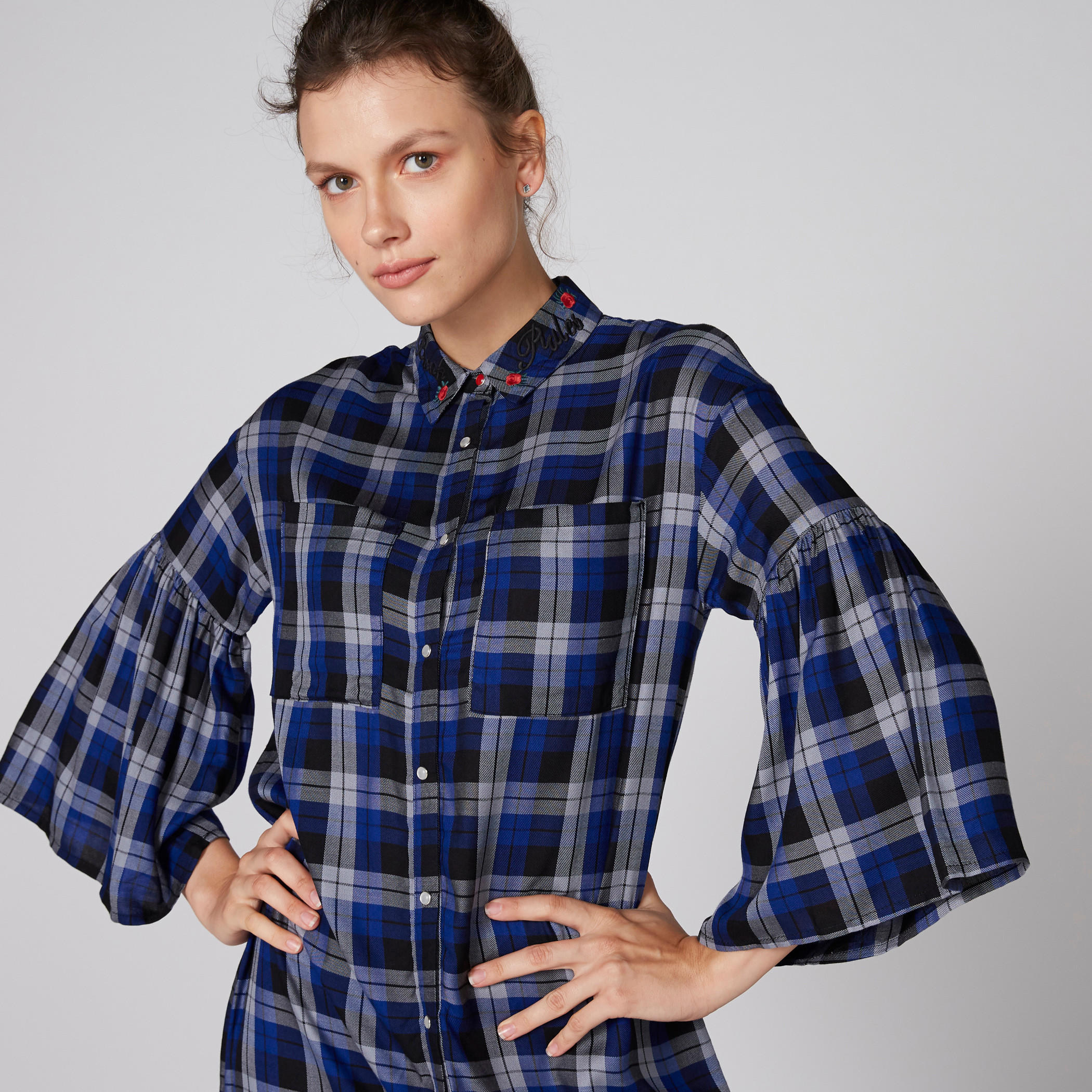 فستان كاروهات متوسط الطول بأكمام واسعة وجيوب-women-clothing-dresses-image-1