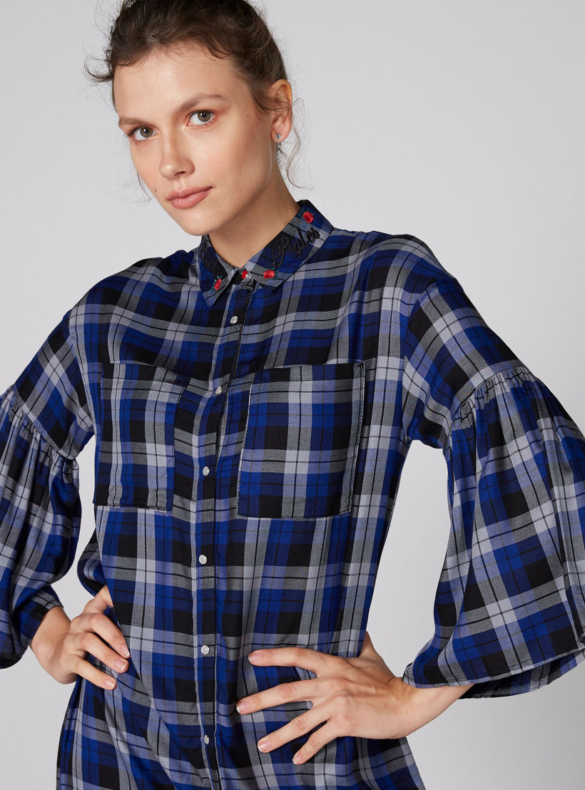 فستان كاروهات متوسط الطول بأكمام واسعة وجيوب-women-clothing-dresses-image-1