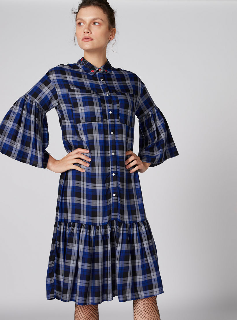 فستان كاروهات متوسط الطول بأكمام واسعة وجيوب-women-clothing-dresses-image-3