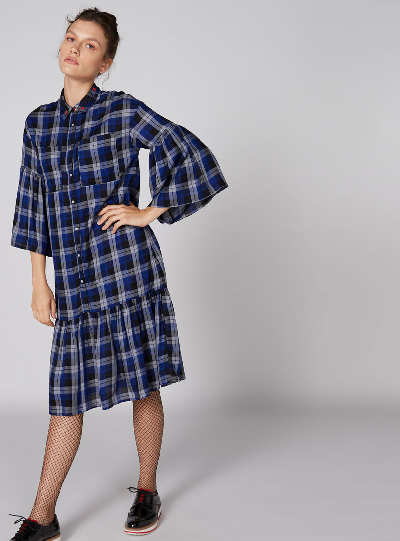 فستان كاروهات متوسط الطول بأكمام واسعة وجيوب-women-clothing-dresses-image-4