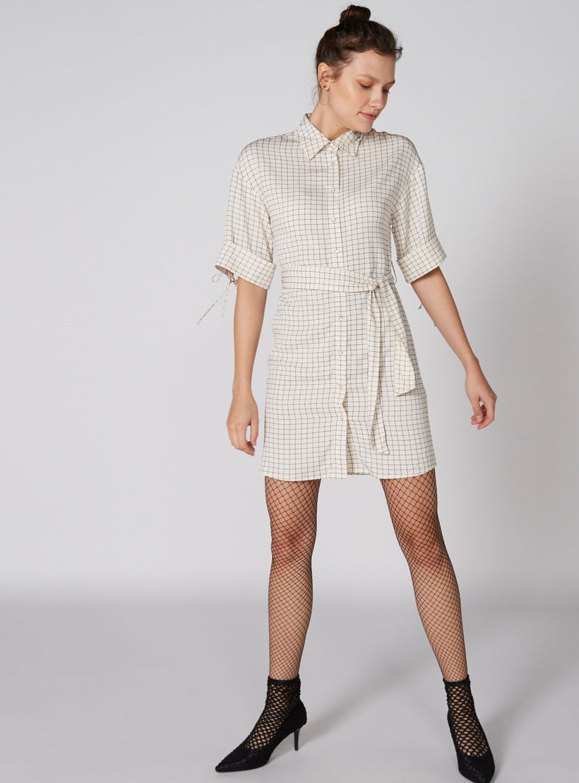 فستان قميص كاروهات بأكمام 3/4 وأزرار-women-clothing-dresses-image-3