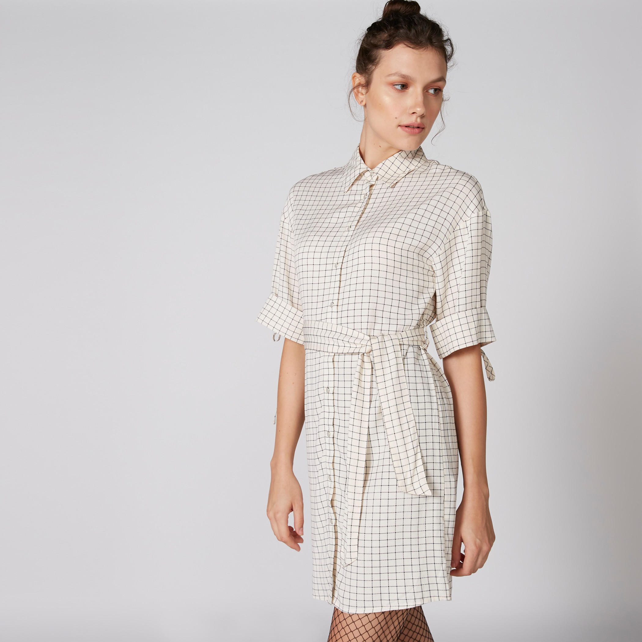 فستان قميص كاروهات بأكمام 3/4 وأزرار-women-clothing-dresses-image-5
