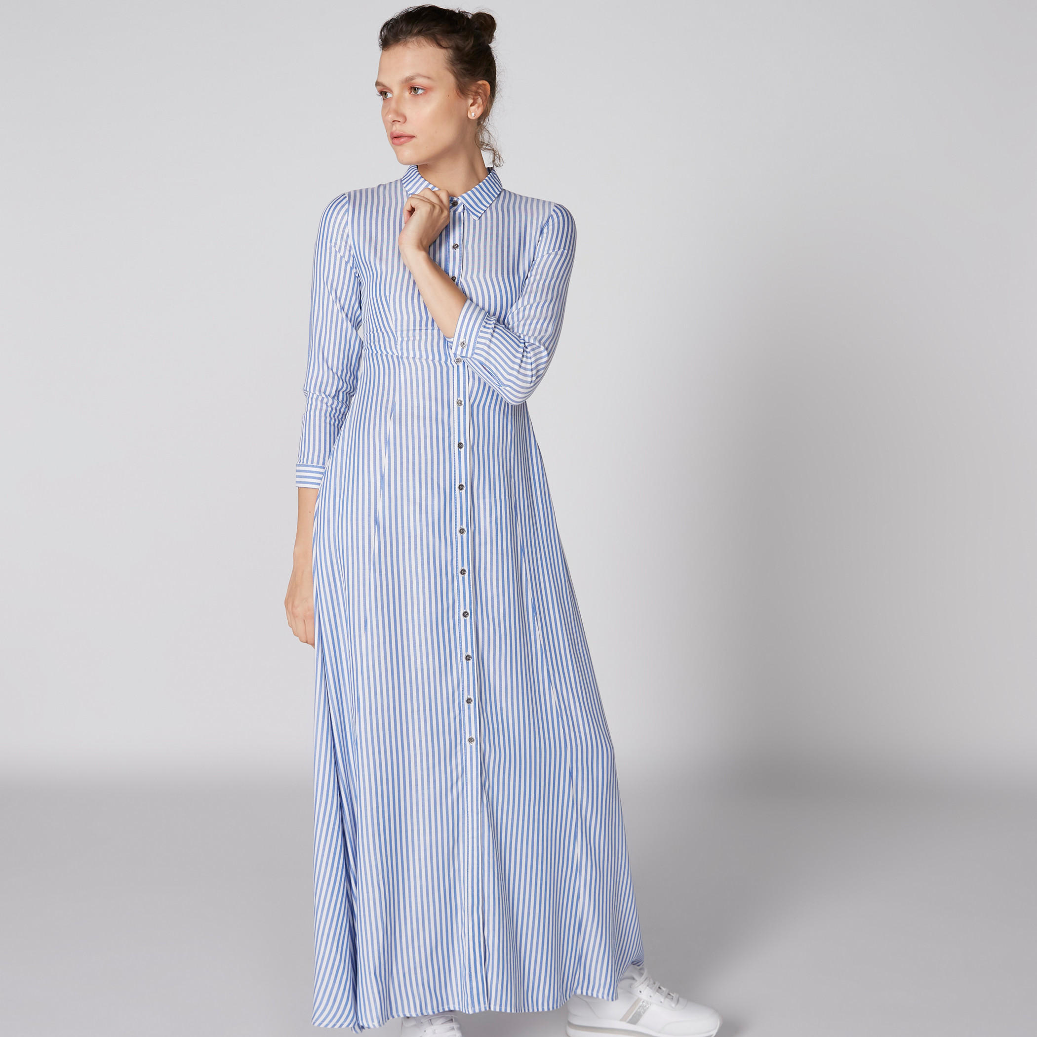 فستان ماكسي مقلم بأكمام طويلة وأزرار-women-clothing-dresses-image-1