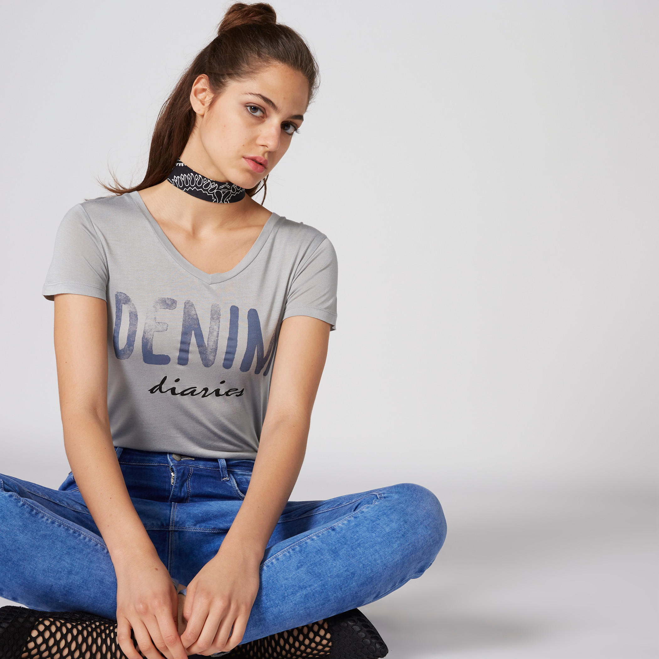 Printed T-Shirt with V-Neck and Short Sleeves-women-clothing-tshirts-image-1