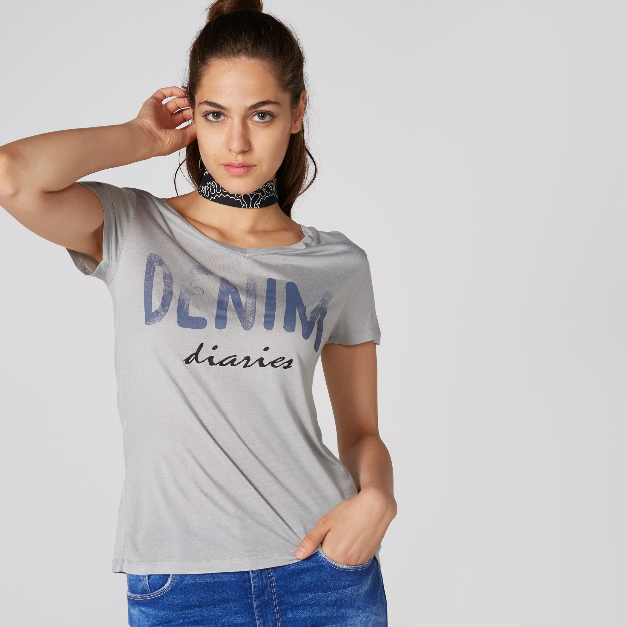 Printed T-Shirt with V-Neck and Short Sleeves-women-clothing-tshirts-image-3