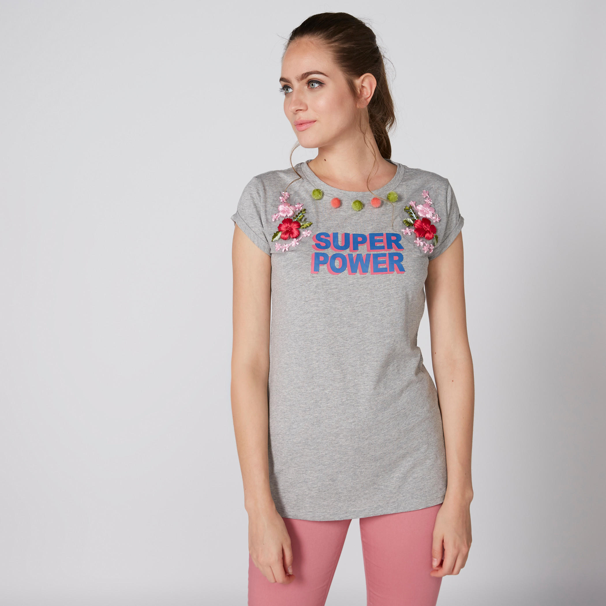 تيشيرت مطرز بأكمام كاب وياقة مستديرة من لي كوبر-women-clothing-tshirts-image-1