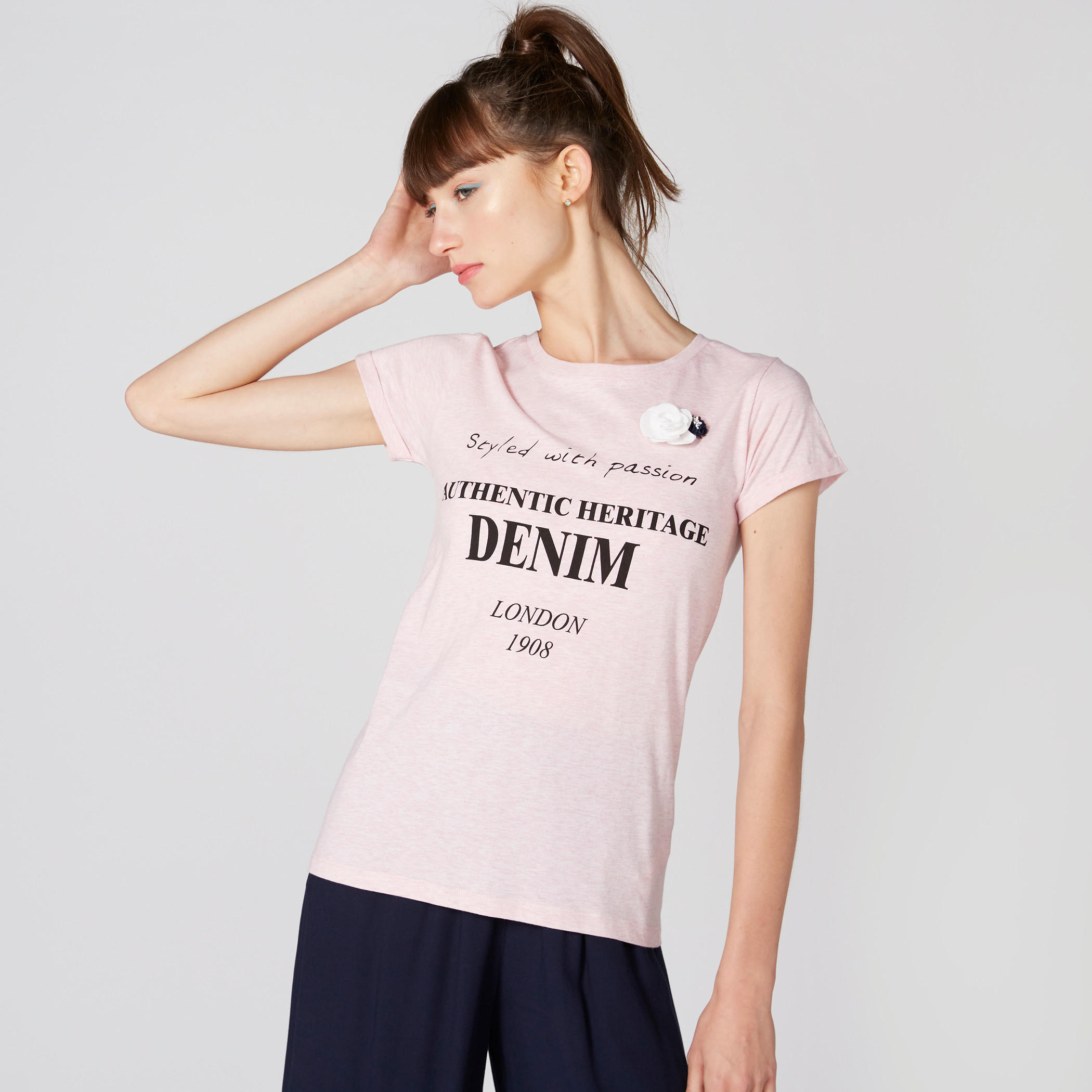 Printed T-Shirt with Floral Applique Detail and Round Neck-women-clothing-tshirts-image-1