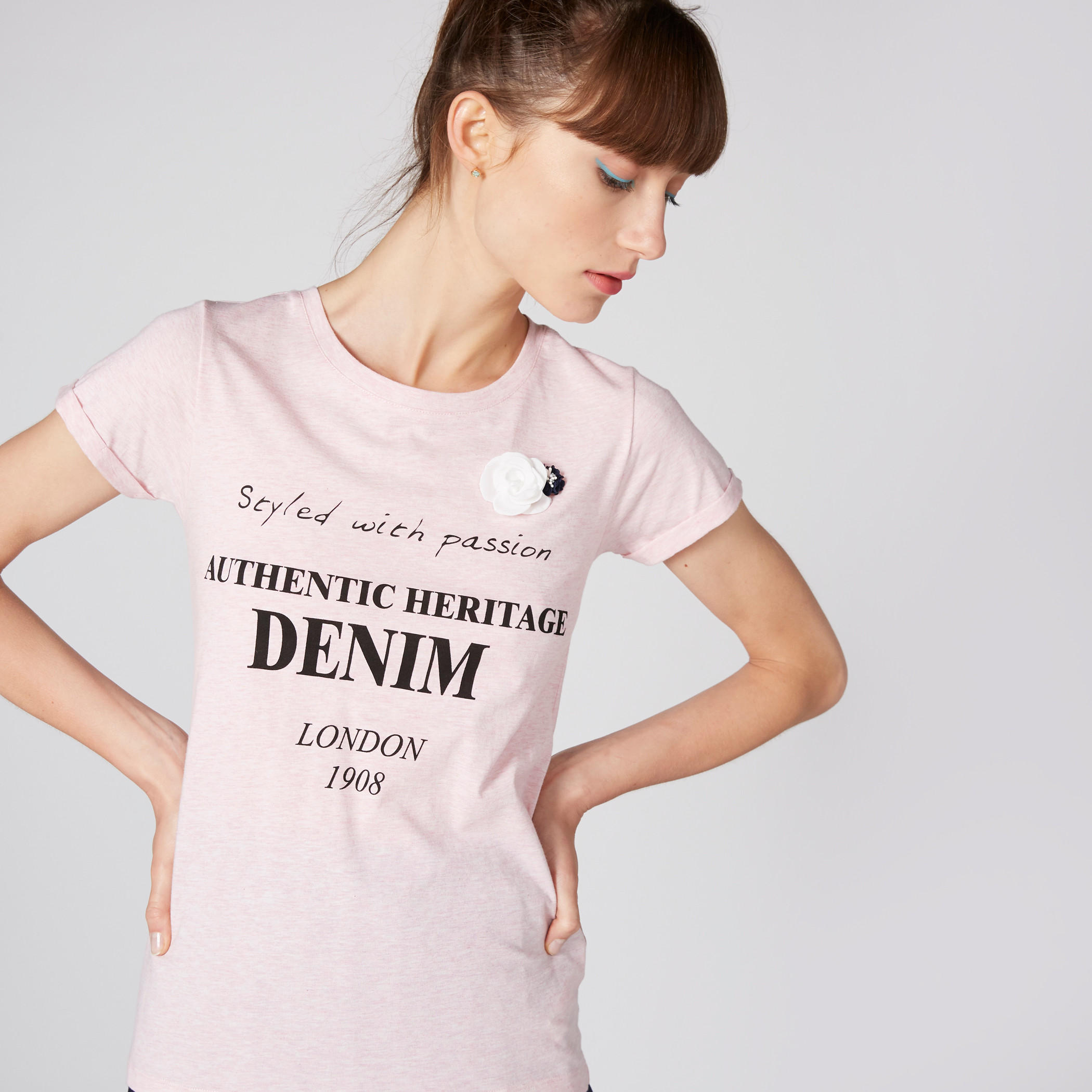 Printed T-Shirt with Floral Applique Detail and Round Neck-women-clothing-tshirts-image-4