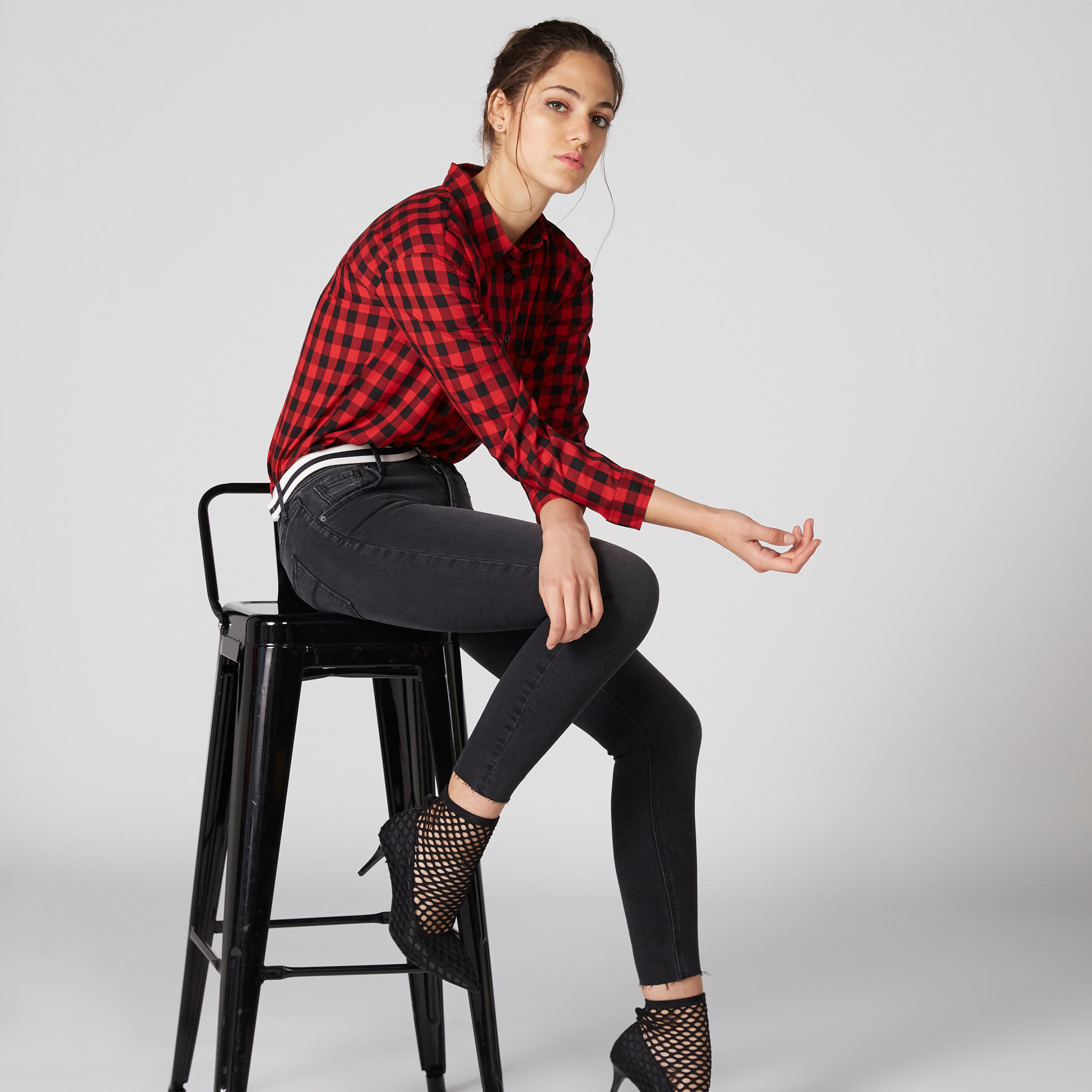 قميص كاروهات بأكمام طويلة ووصلة أزرار كاملة من لي كوبر-women-clothing-shirtsandblouses-shirts-image-1
