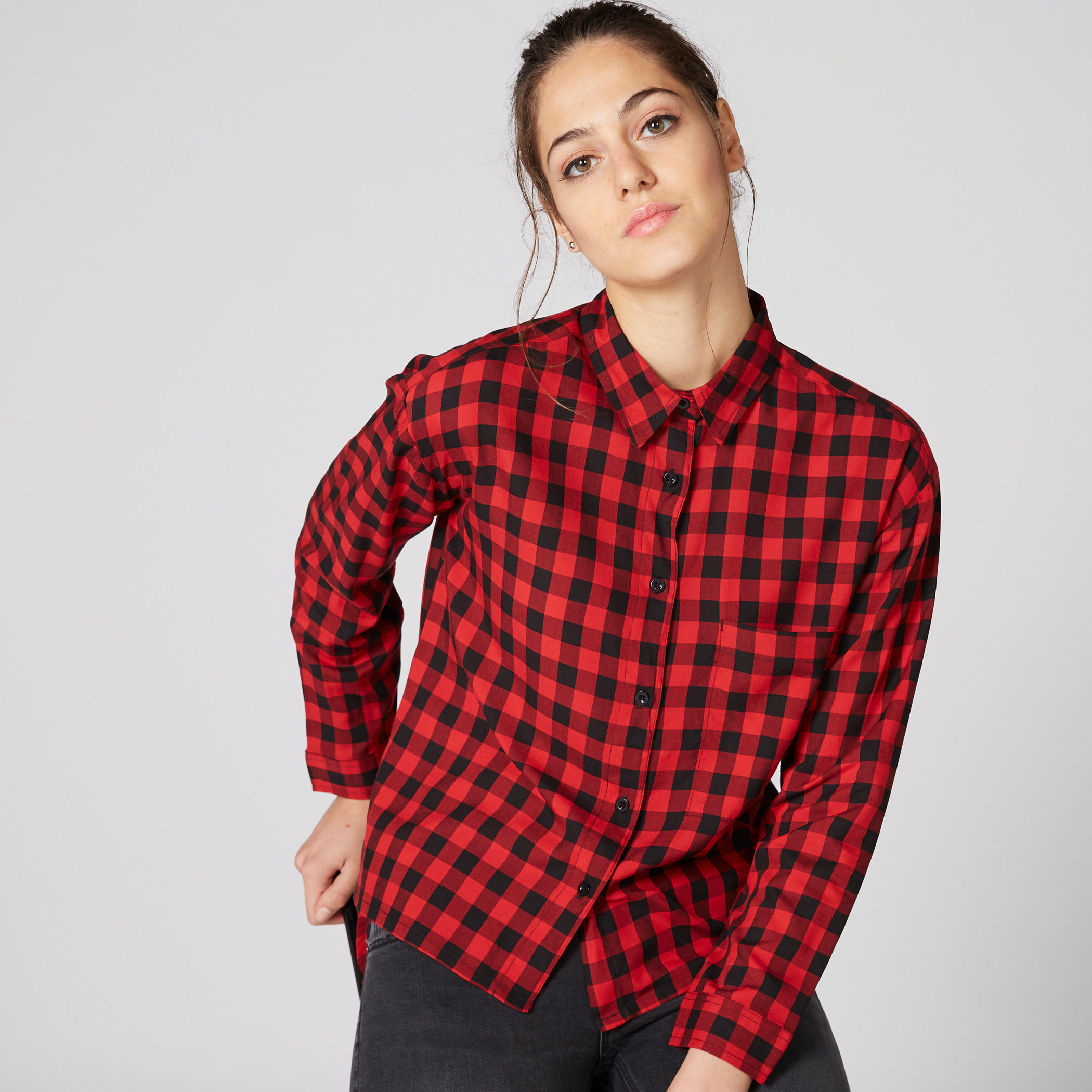 قميص كاروهات بأكمام طويلة ووصلة أزرار كاملة من لي كوبر-women-clothing-shirtsandblouses-shirts-image-3