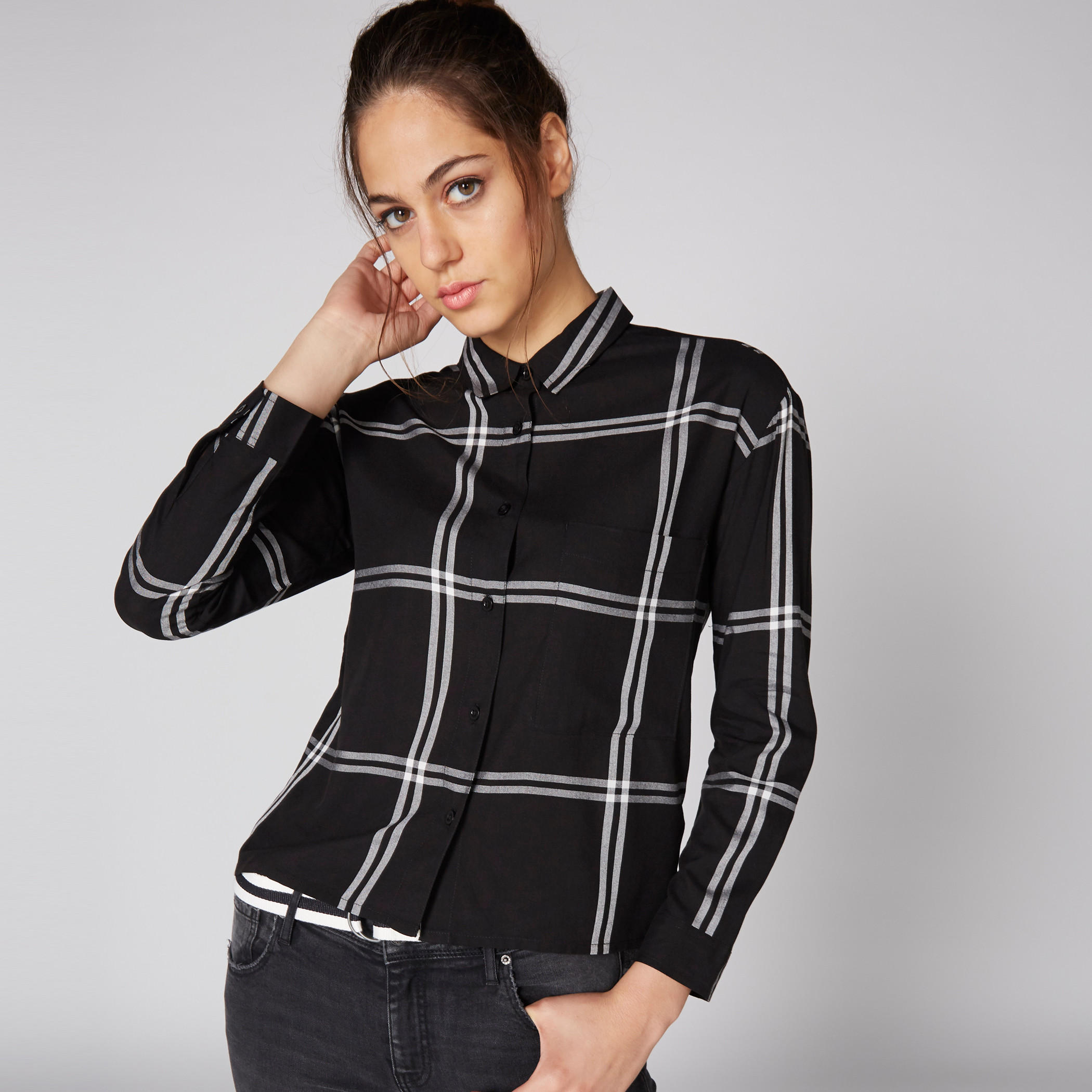 قميص كاروهات بأكمام طويلة ووصلة أزرار كاملة من لي كوبر-women-clothing-shirtsandblouses-shirts-image-3