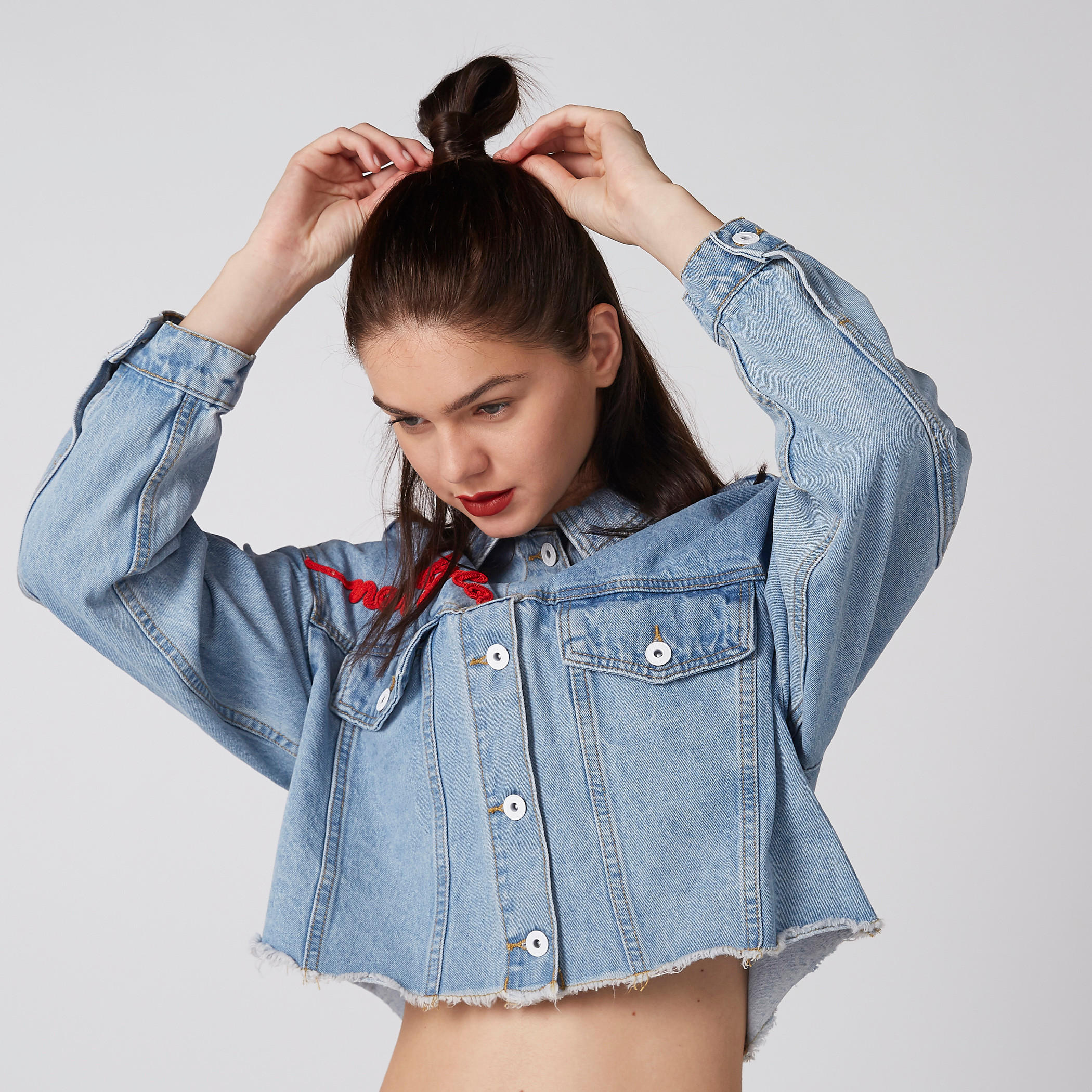 Embroidered Denim Shirt with Long Sleeves and Complete Placket-women-winterwear-coatsandjackets-jackets-image-1