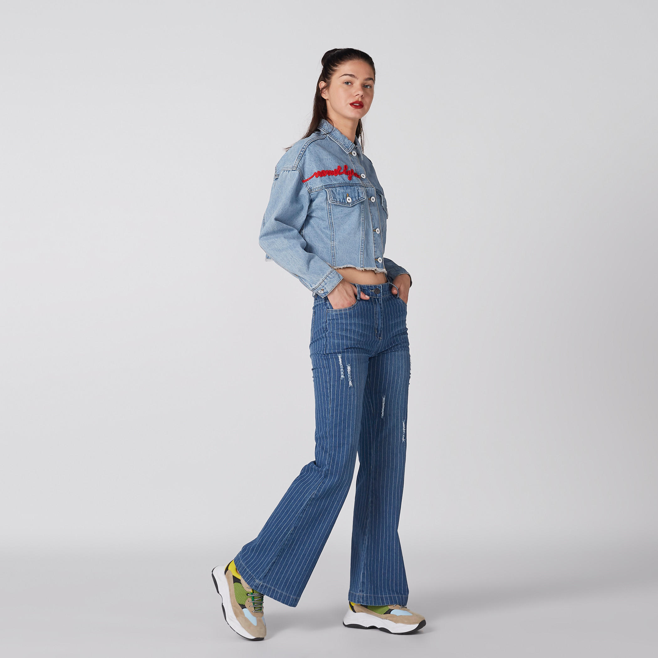 Embroidered Denim Shirt with Long Sleeves and Complete Placket-women-winterwear-coatsandjackets-jackets-image-2