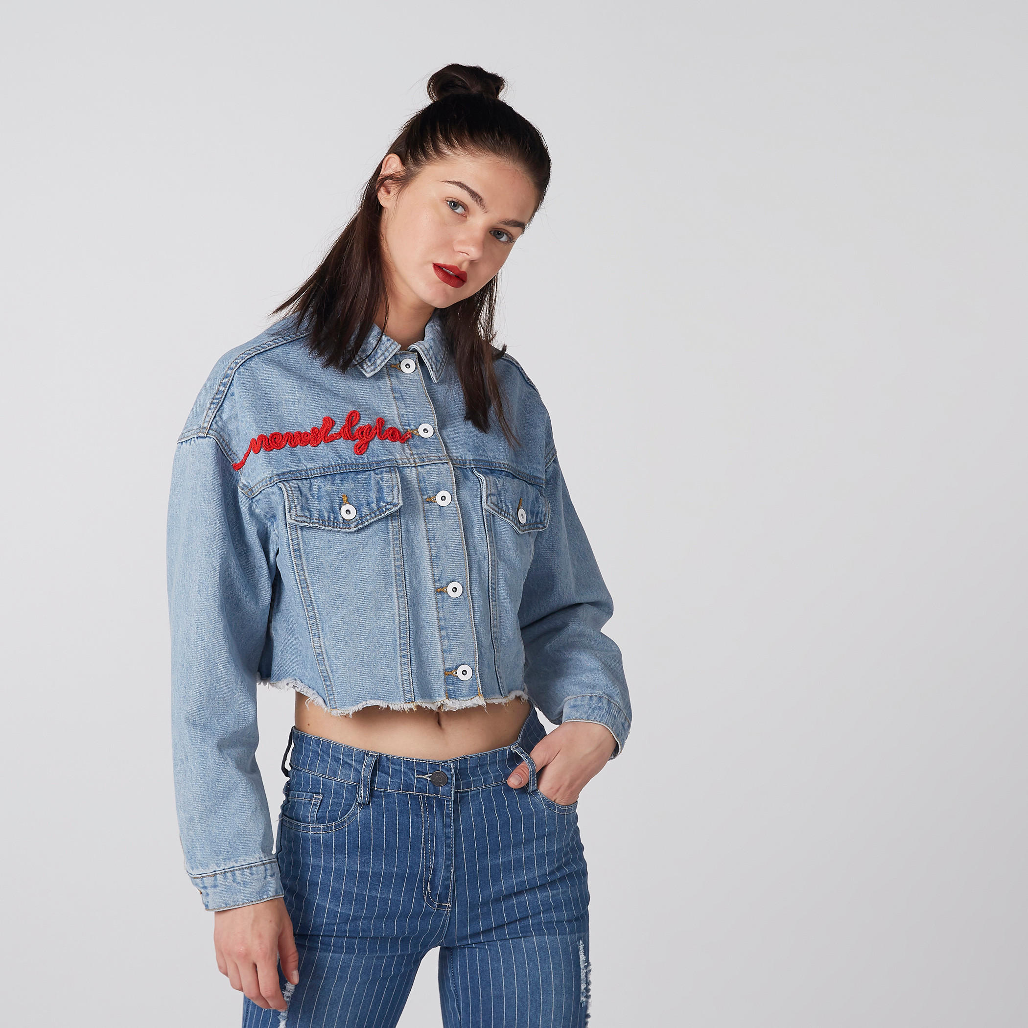 Embroidered Denim Shirt with Long Sleeves and Complete Placket-women-winterwear-coatsandjackets-jackets-image-3