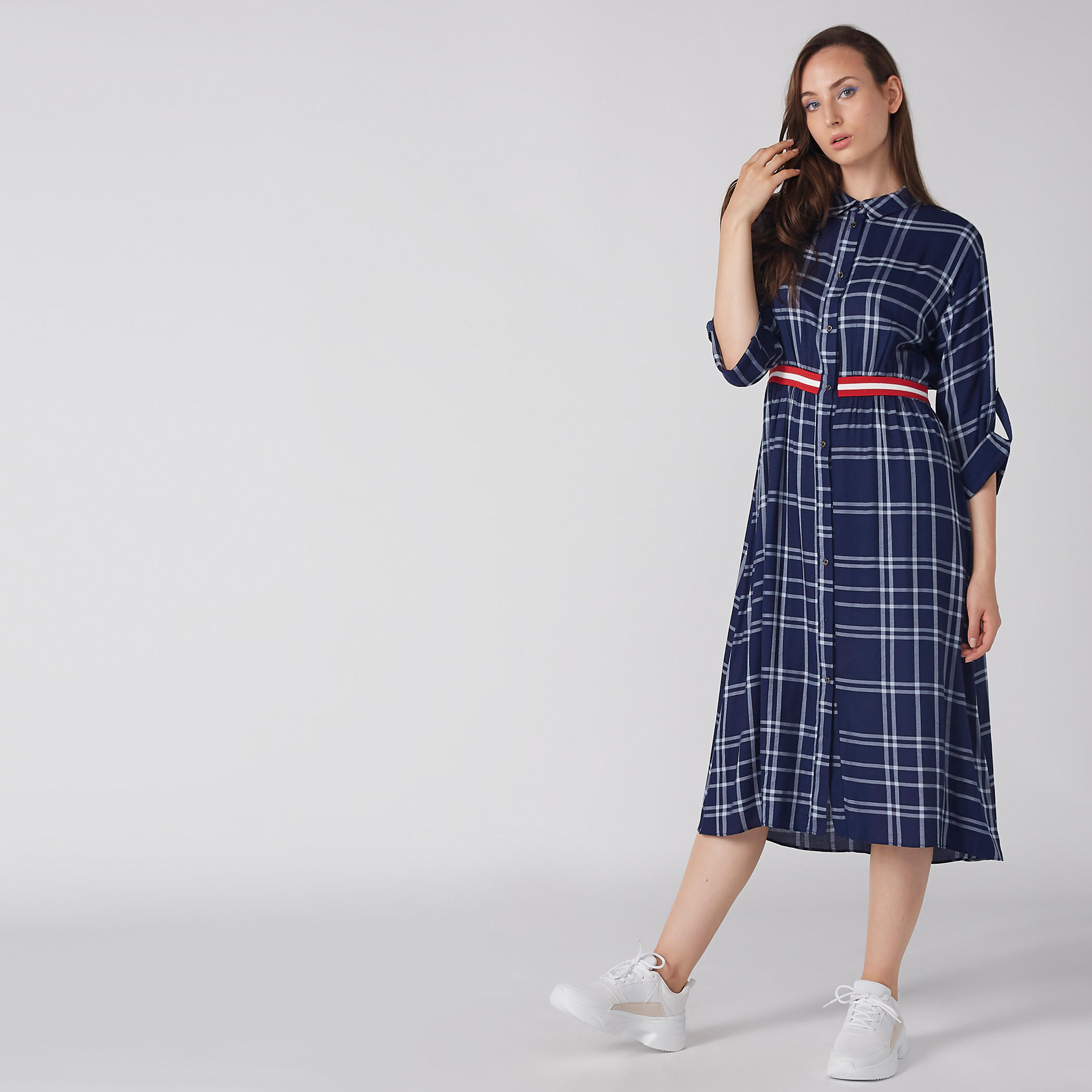 فستان قميص كاروهات متوسط الطول بأكمام 3/4 من لي كوبر-women-clothing-dresses-image-1