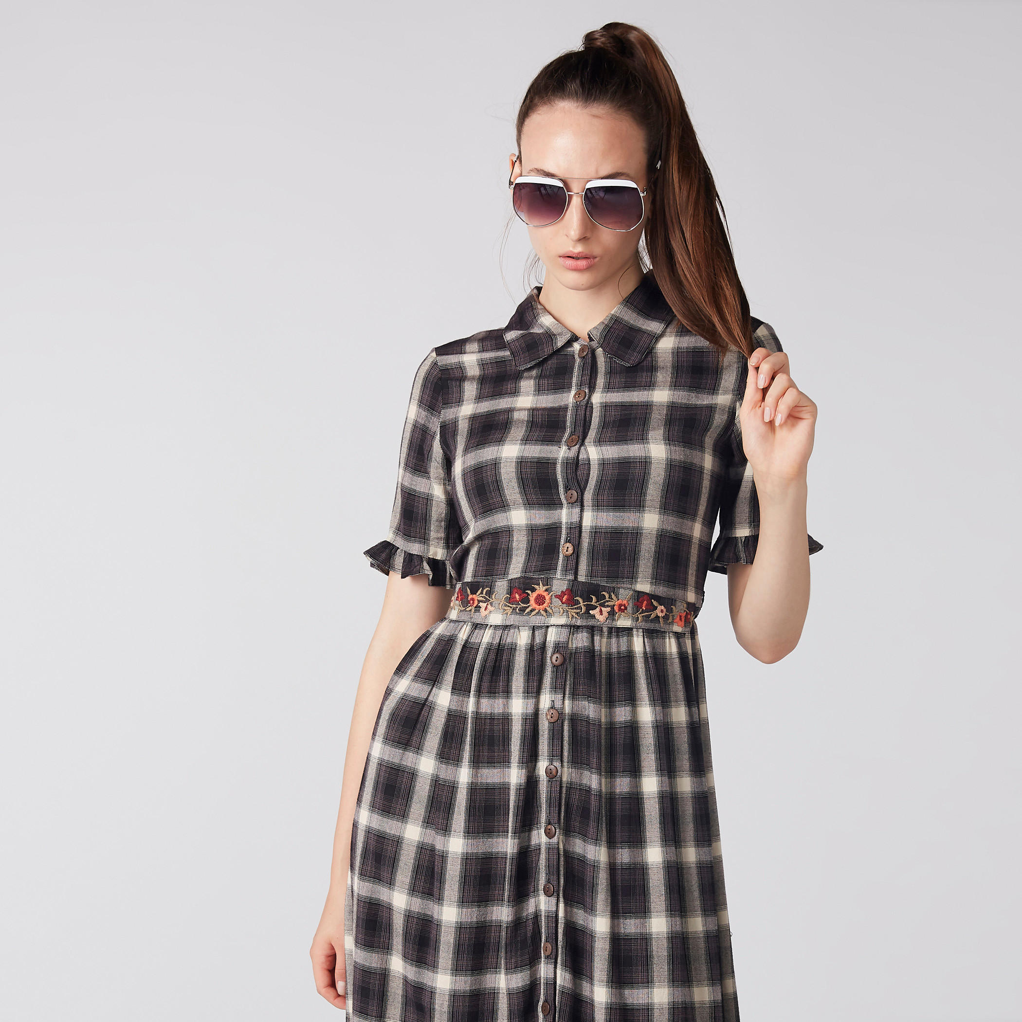 Chequered Maxi Shirt Dress with Short Sleeves and Embroidery-women-clothing-dresses-image-2