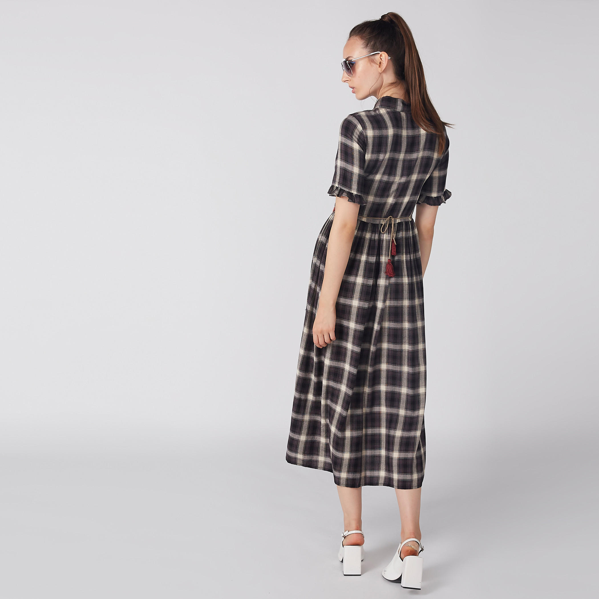 Chequered Maxi Shirt Dress with Short Sleeves and Embroidery-women-clothing-dresses-image-3