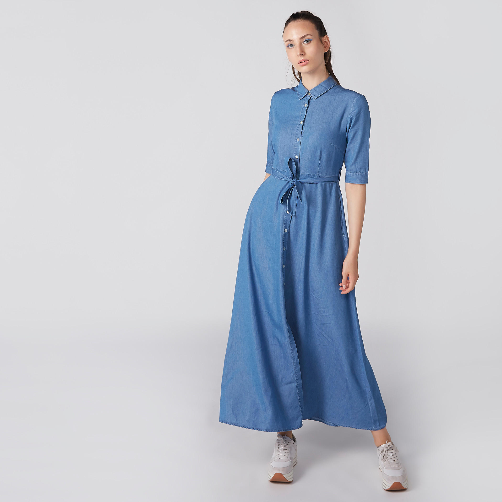 فستان قميص طويل بأكمام قصيرة وأربطة-women-clothing-dresses-image-1