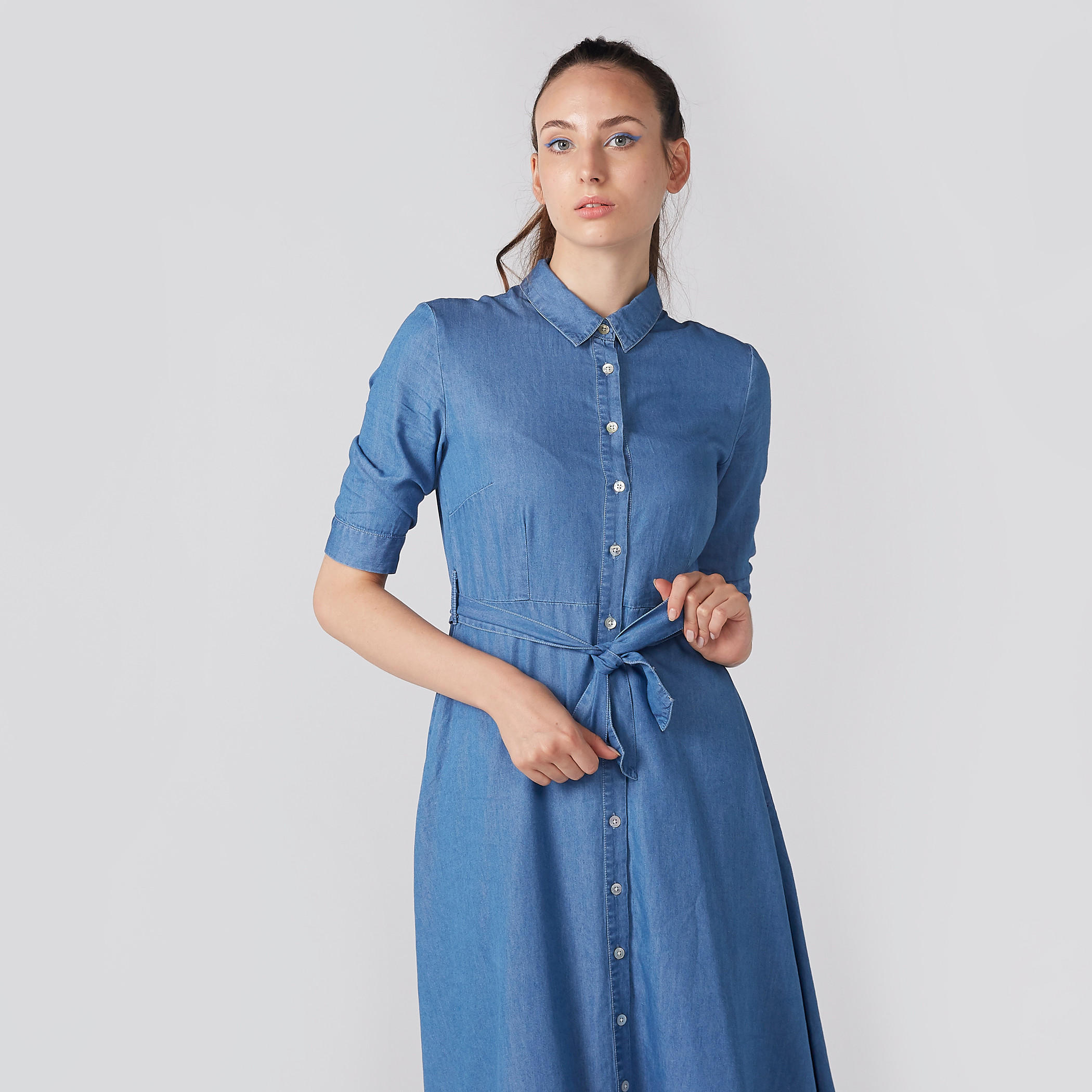 فستان قميص طويل بأكمام قصيرة وأربطة-women-clothing-dresses-image-2