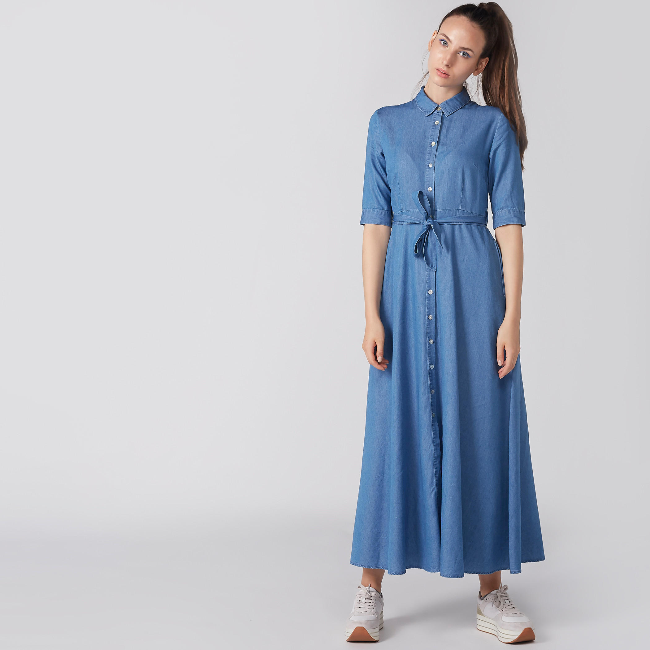 فستان قميص طويل بأكمام قصيرة وأربطة-women-clothing-dresses-image-3
