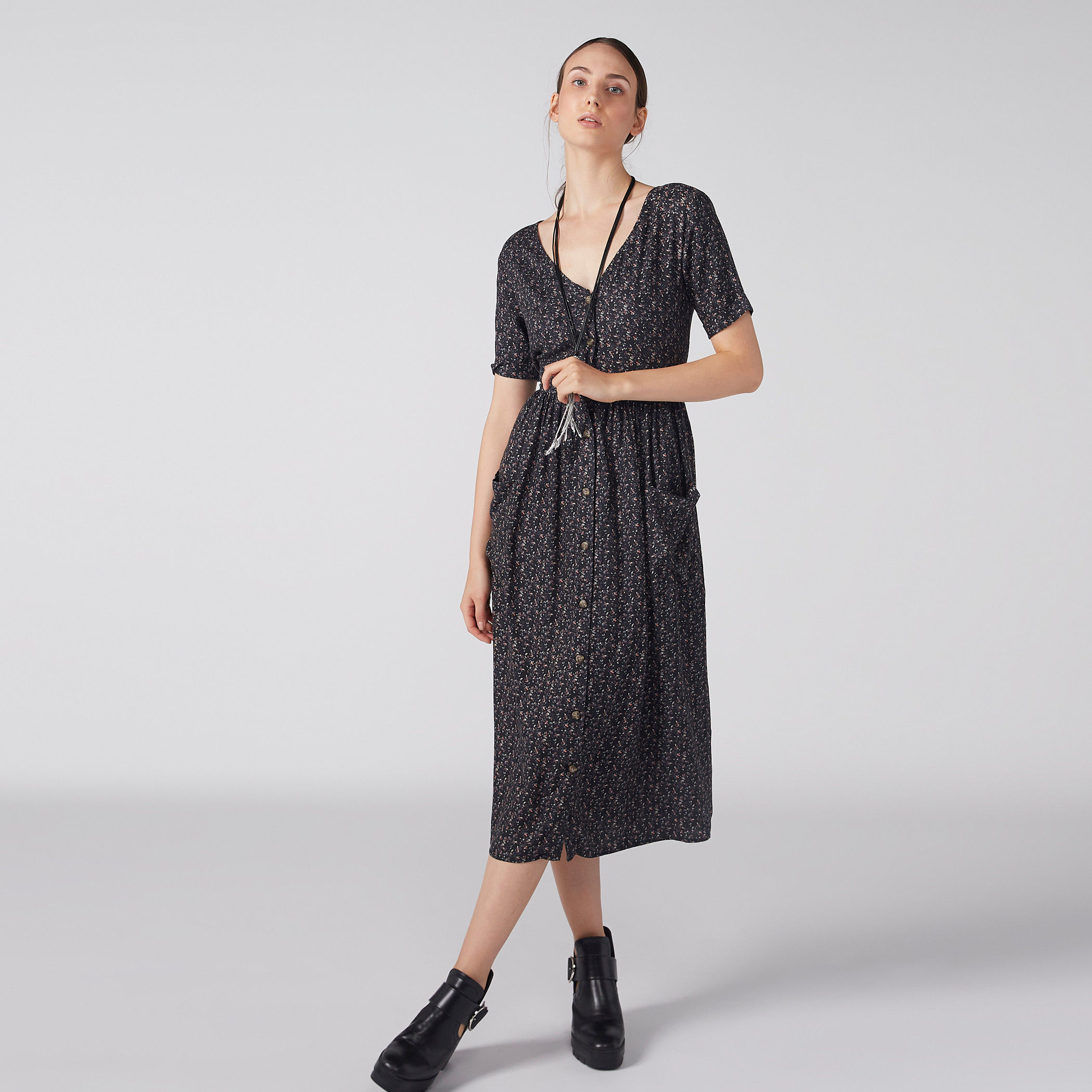 Printed Midi Shirt Dress with Short Sleeves and Pocket Detail-women-clothing-dresses-image-1