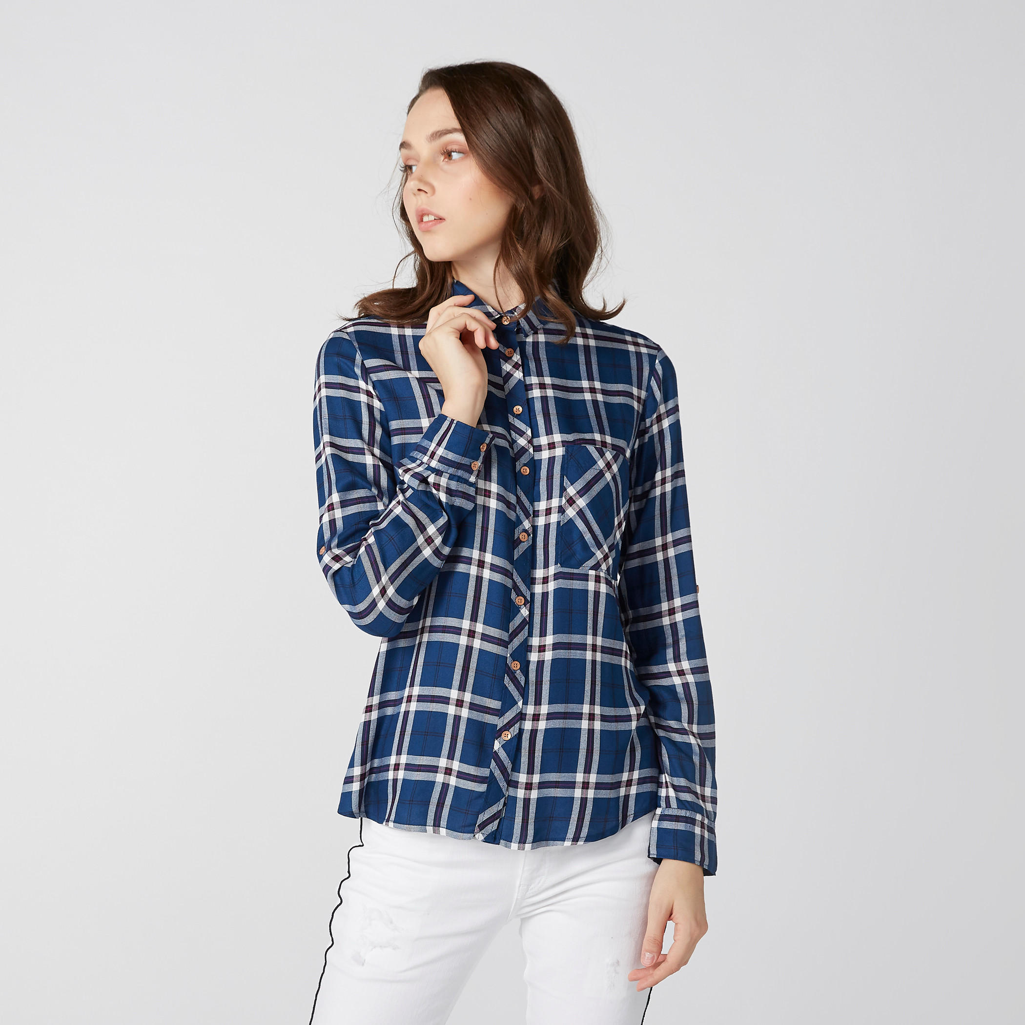 قميص كاروهات بأكمام طويلة وجيوب-women-clothing-shirtsandblouses-shirts-image-1