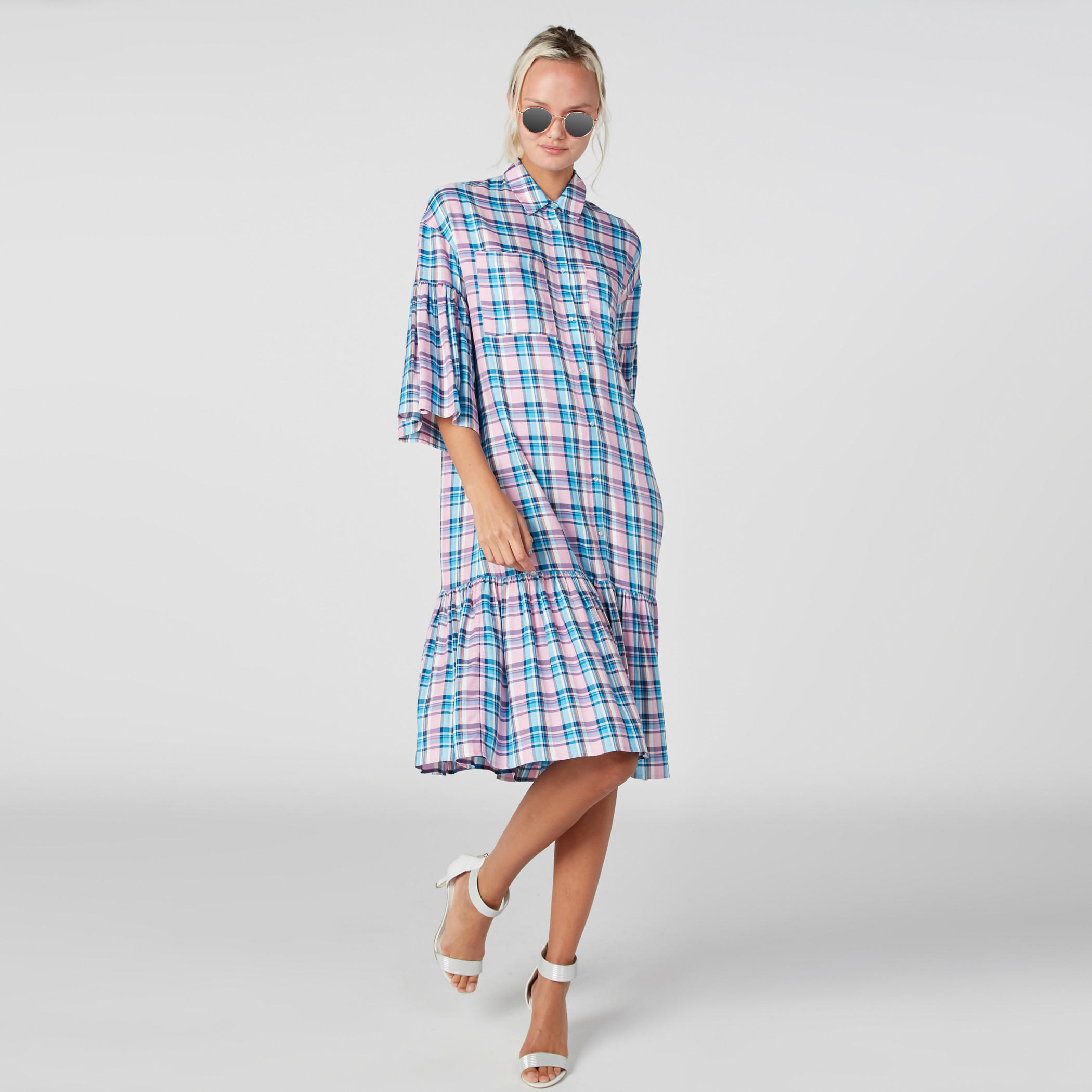 فستان كاروهات واسع متوسط الطول بأكمام واسعة-women-clothing-dresses-image-3