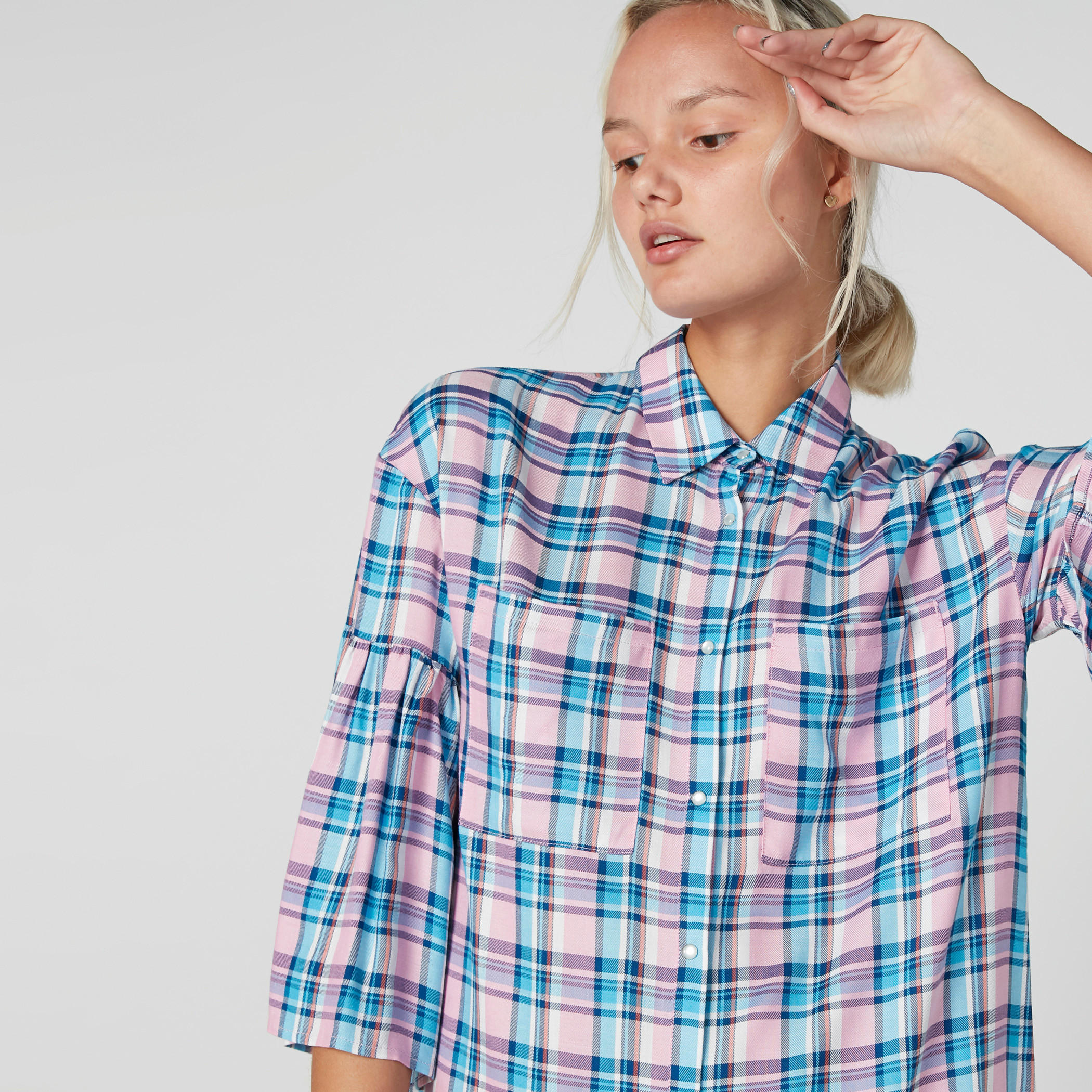 فستان كاروهات واسع متوسط الطول بأكمام واسعة-women-clothing-dresses-image-1