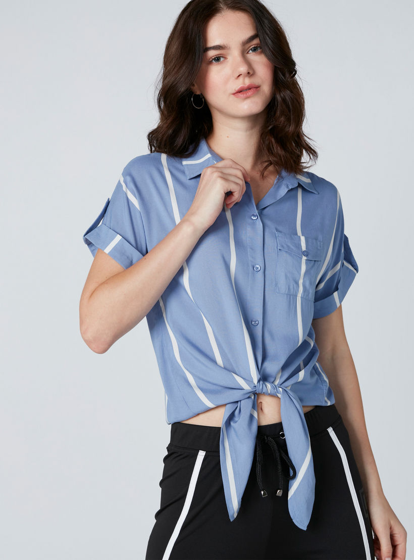 قميص مقلّم بأربطة وأكمام متصلة من لي كوبر-women-clothing-shirtsandblouses-shirts-image-1