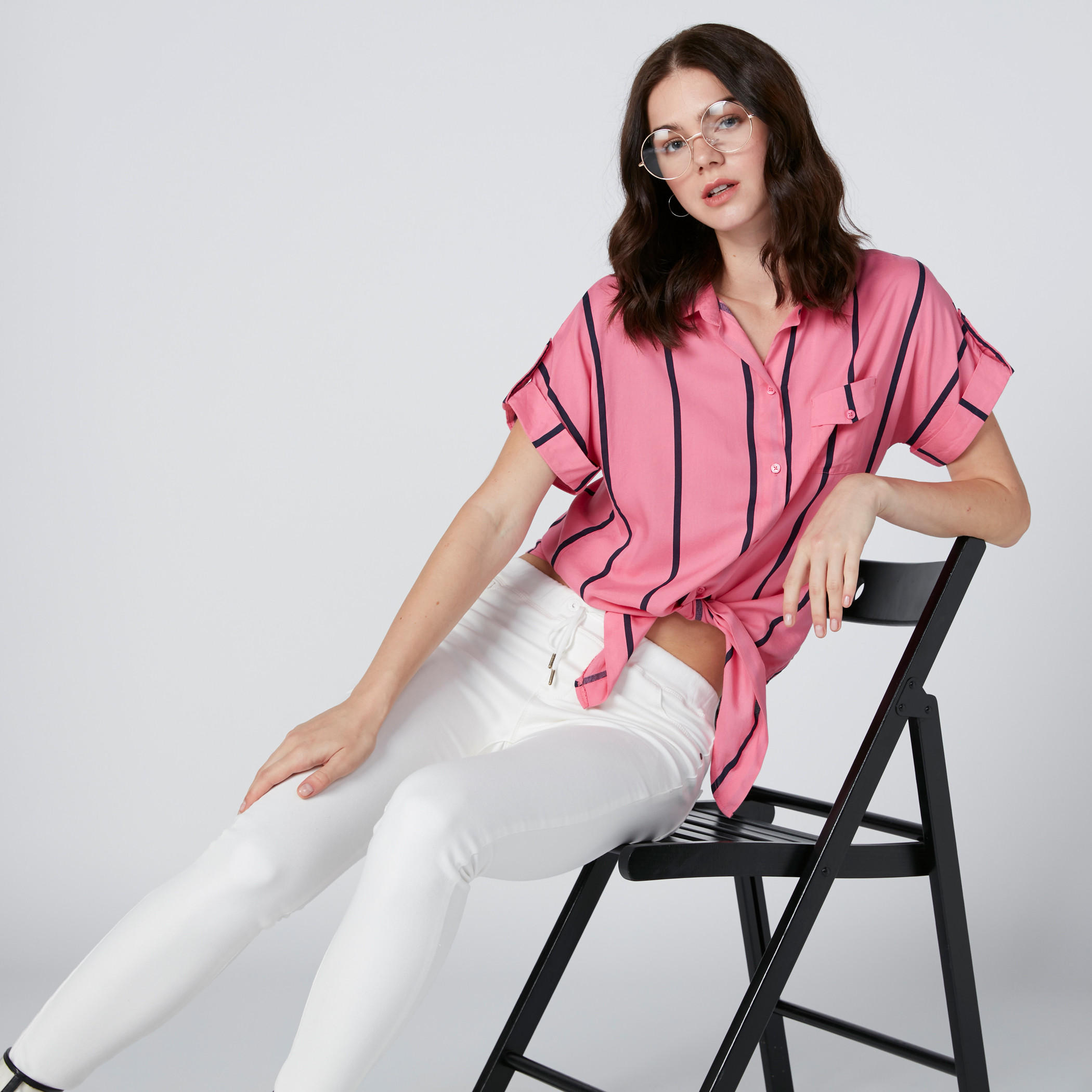 قميص مقلّم بأكمام متصلة من لي كوبر-women-clothing-shirtsandblouses-shirts-image-3