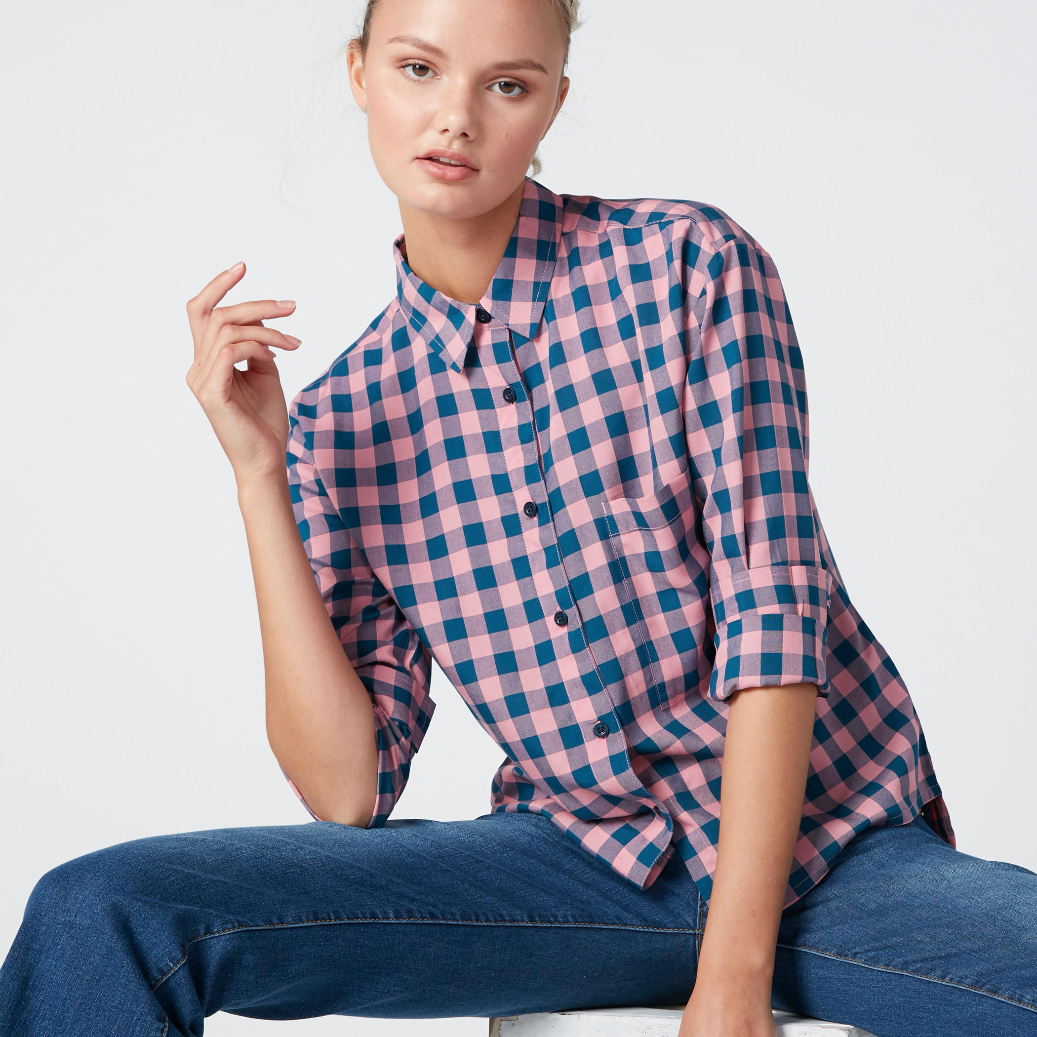 Chequered Shirt with Long Sleeves and High Low Hem-women-clothing-shirtsandblouses-shirts-image-1