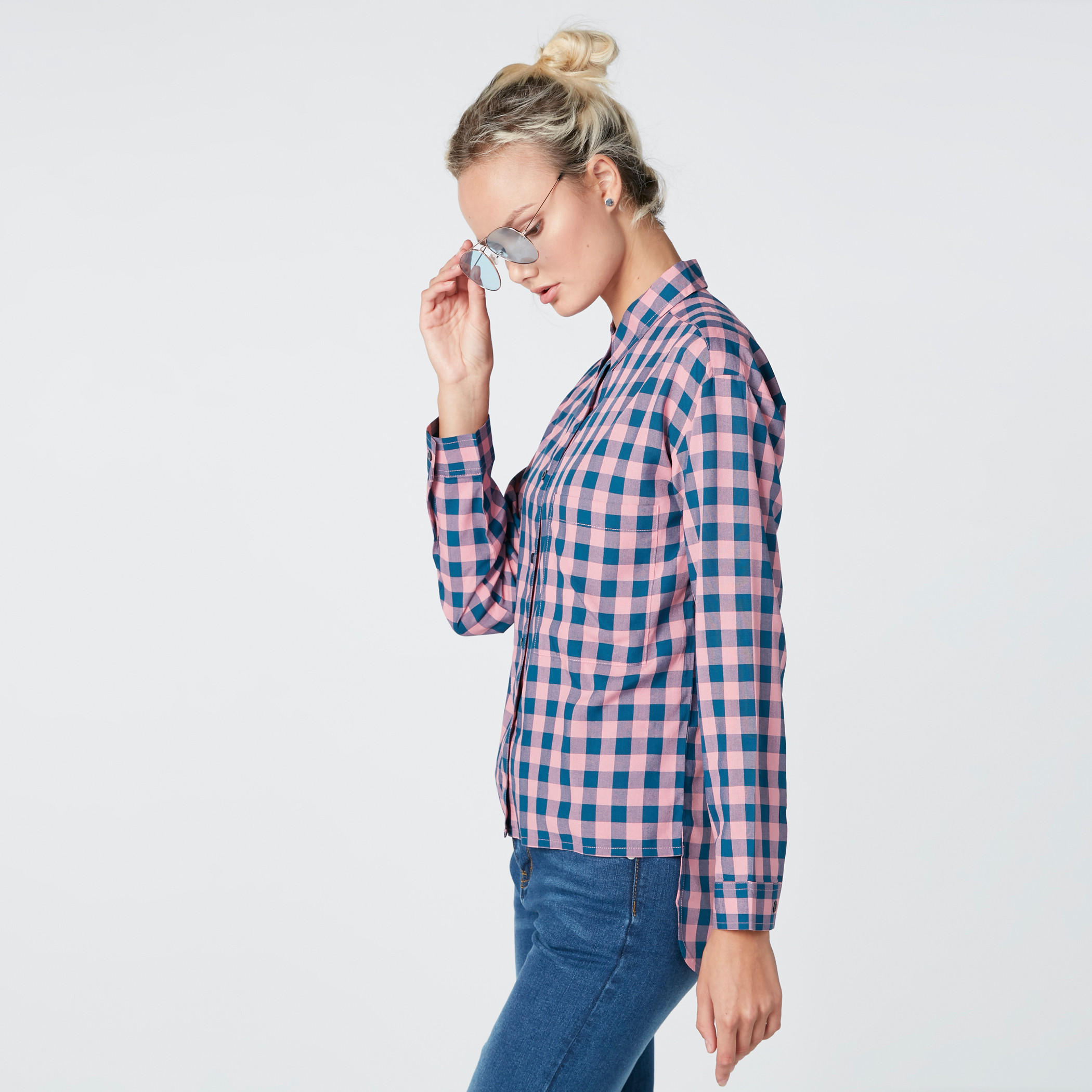 Chequered Shirt with Long Sleeves and High Low Hem-women-clothing-shirtsandblouses-shirts-image-3
