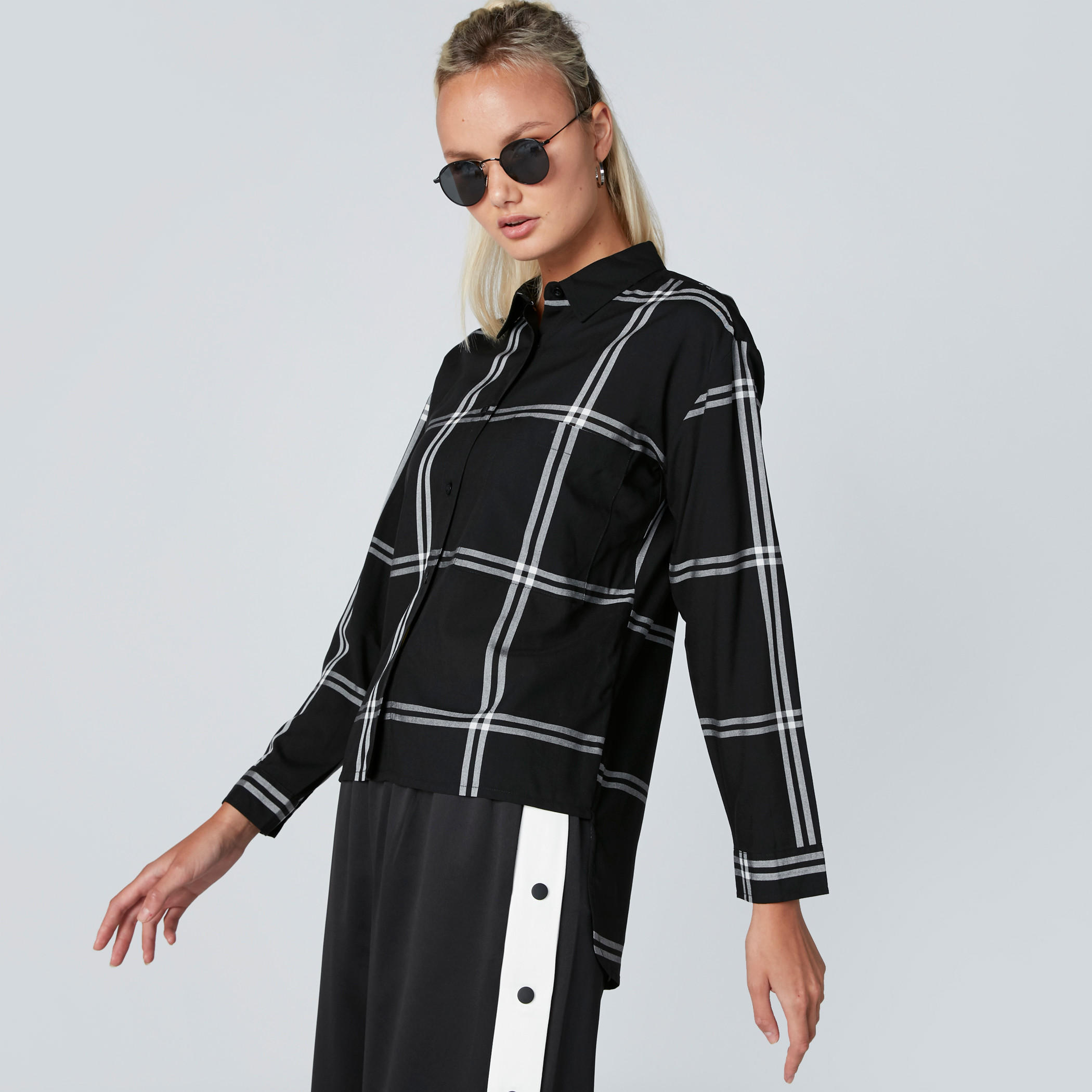 Chequered Shirt with Long Sleeves and Complete Placket-women-clothing-shirtsandblouses-shirts-image-4