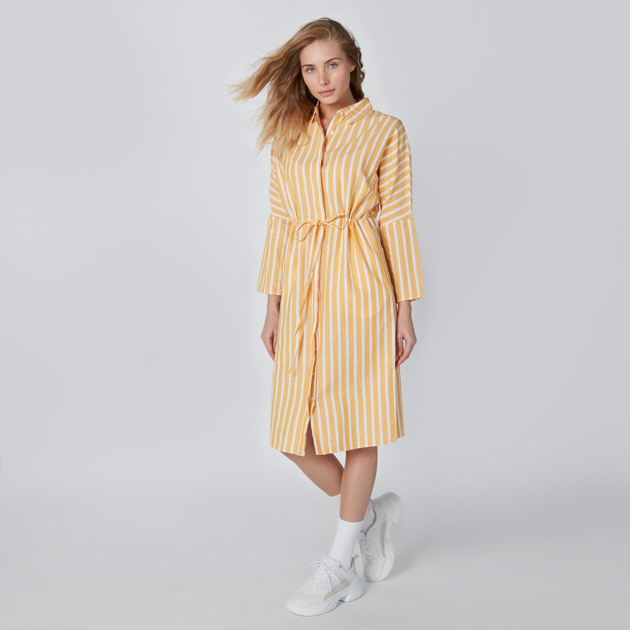 فستان قميص مقلّم متوسط الطول بأكمام طويلة وجيوب-women-clothing-dresses-image-1
