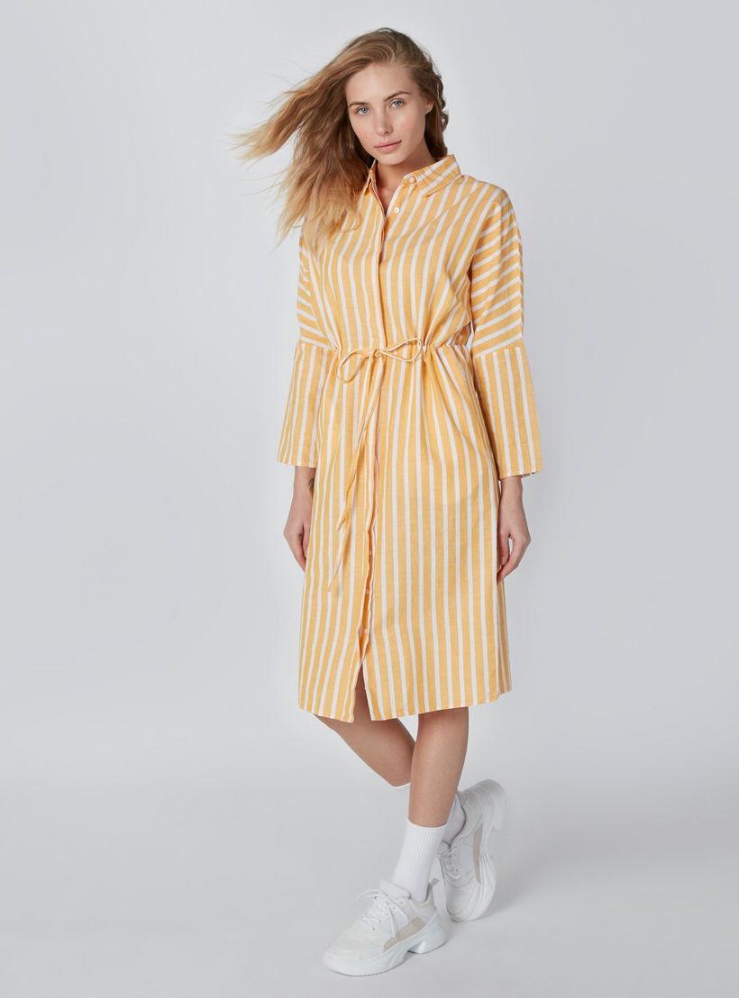 فستان قميص مقلّم متوسط الطول بأكمام طويلة وجيوب-women-clothing-dresses-image-1