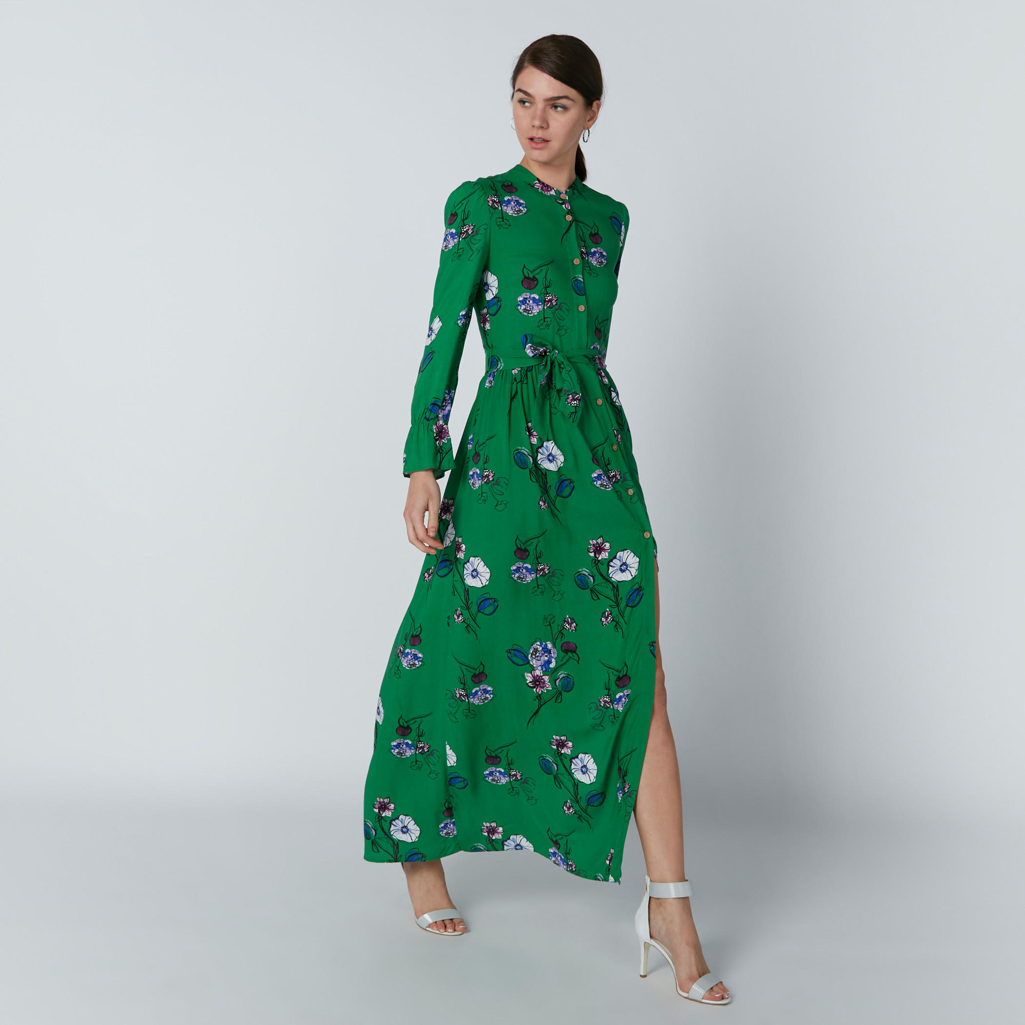 Lee Cooper Floral Printed Maxi Dress with Long Sleeves and Side Slit-women-clothing-dresses-image-2