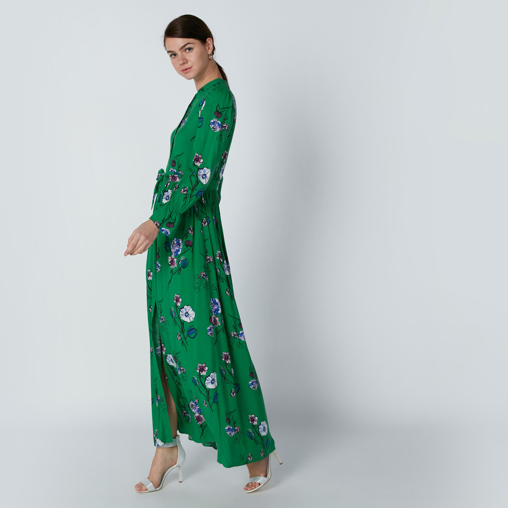 Lee Cooper Floral Printed Maxi Dress with Long Sleeves and Side Slit-women-clothing-dresses-image-3