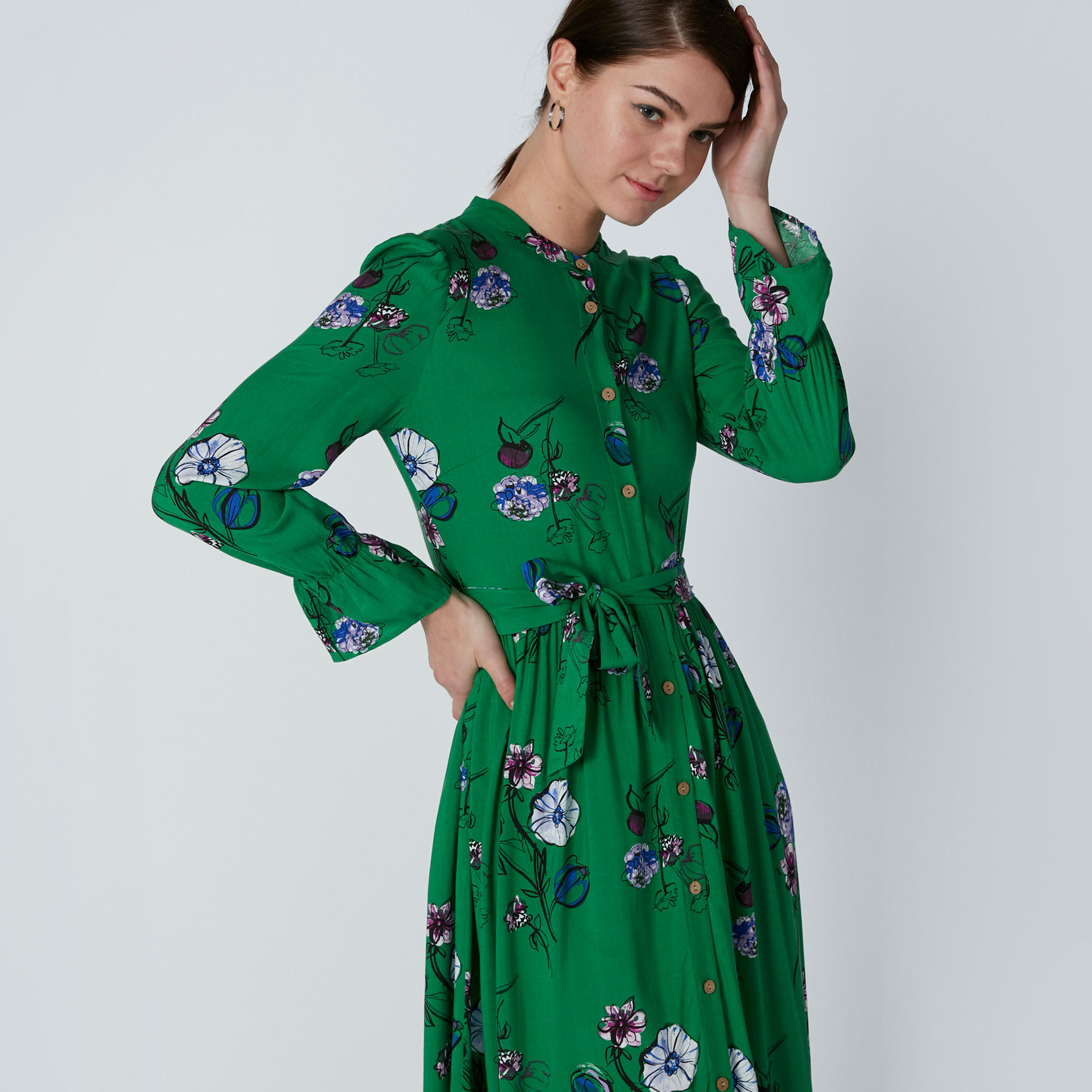 Lee Cooper Floral Printed Maxi Dress with Long Sleeves and Side Slit-women-clothing-dresses-image-4