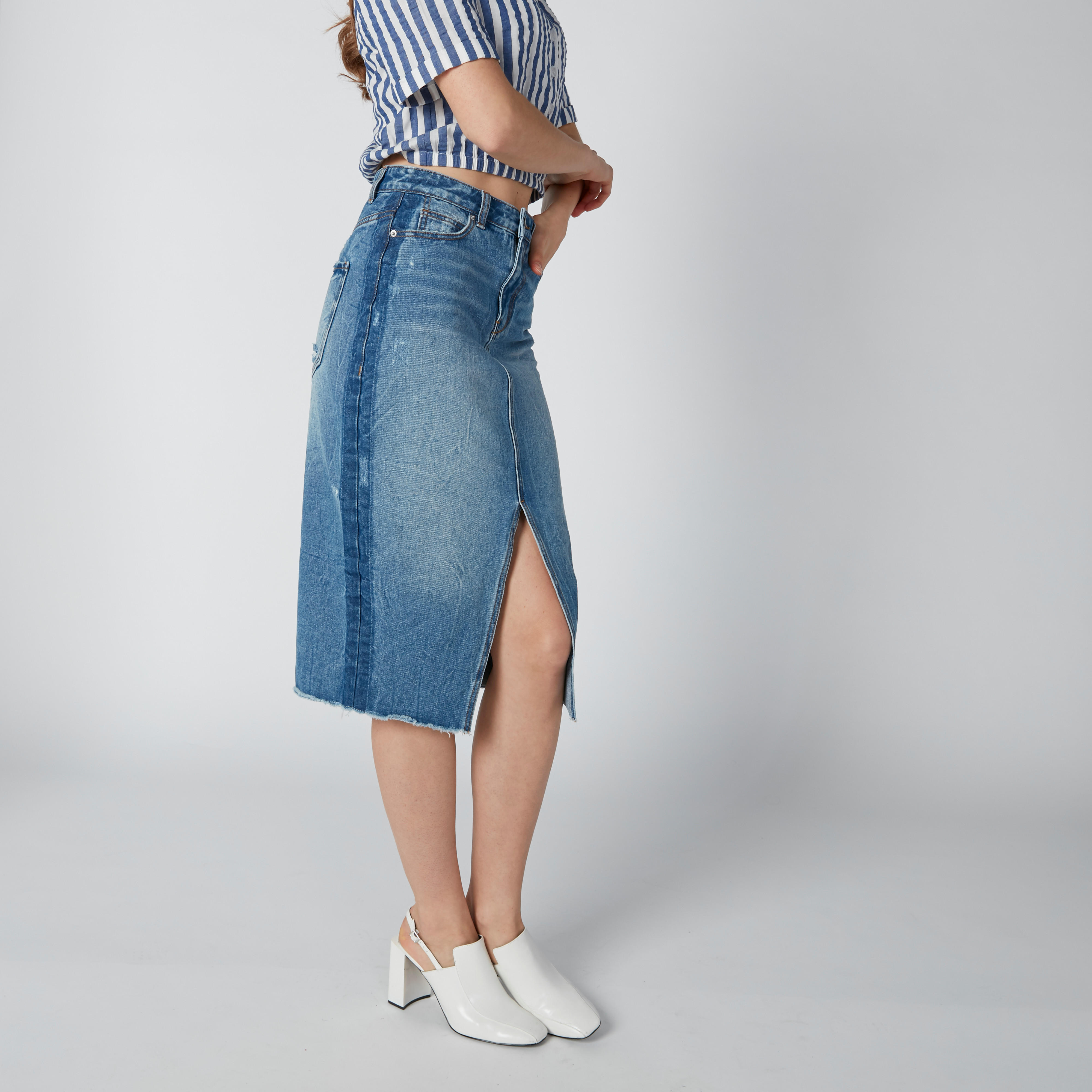 تنورة مستدامة إيه لاين ميدي بجيوب وفتحة-women-clothing-bottoms-skirts-image-2