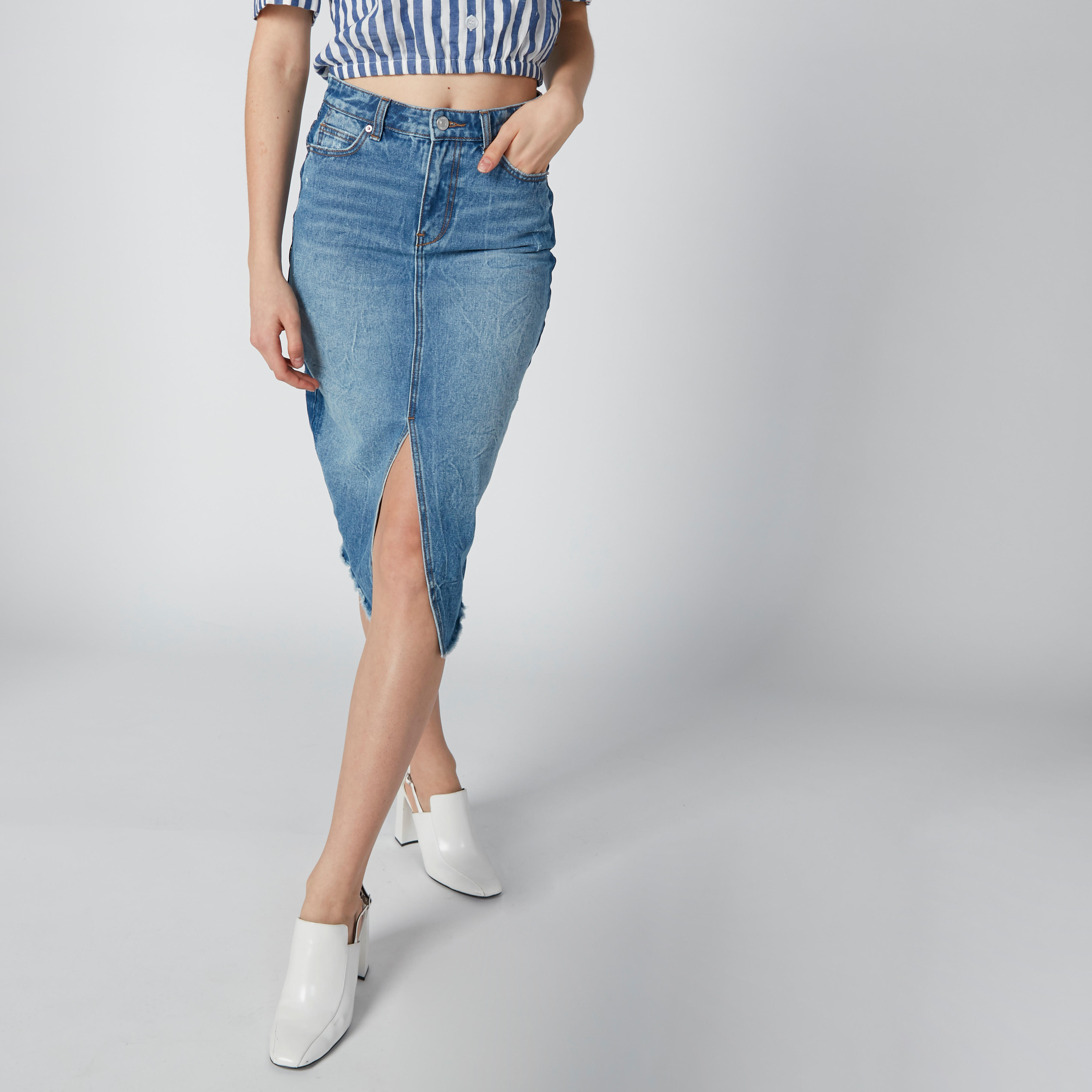تنورة مستدامة إيه لاين ميدي بجيوب وفتحة-women-clothing-bottoms-skirts-image-3