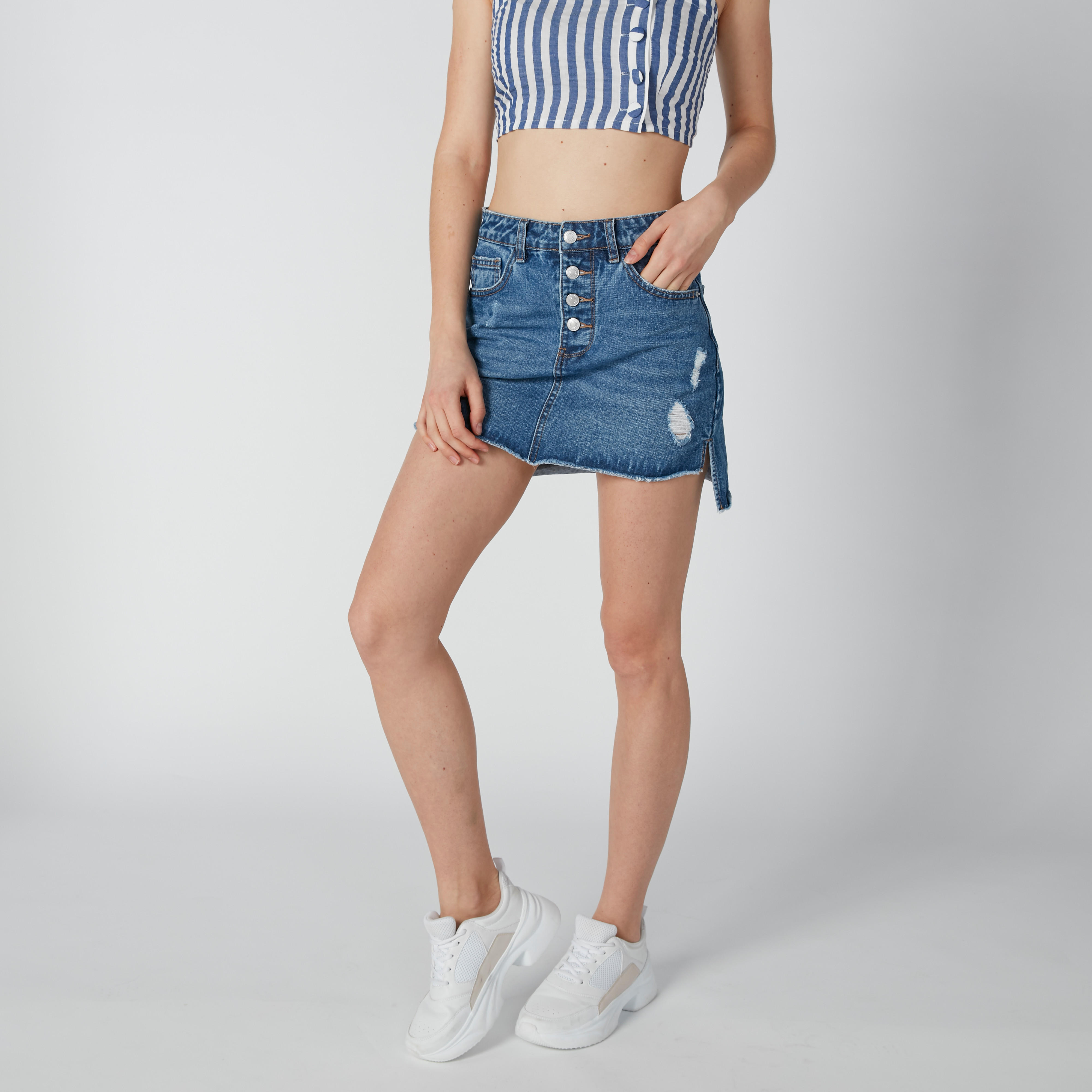 Sustainable Distressted Mini Shift Skirt with High Low Hem-women-clothing-bottoms-skirts-image-1