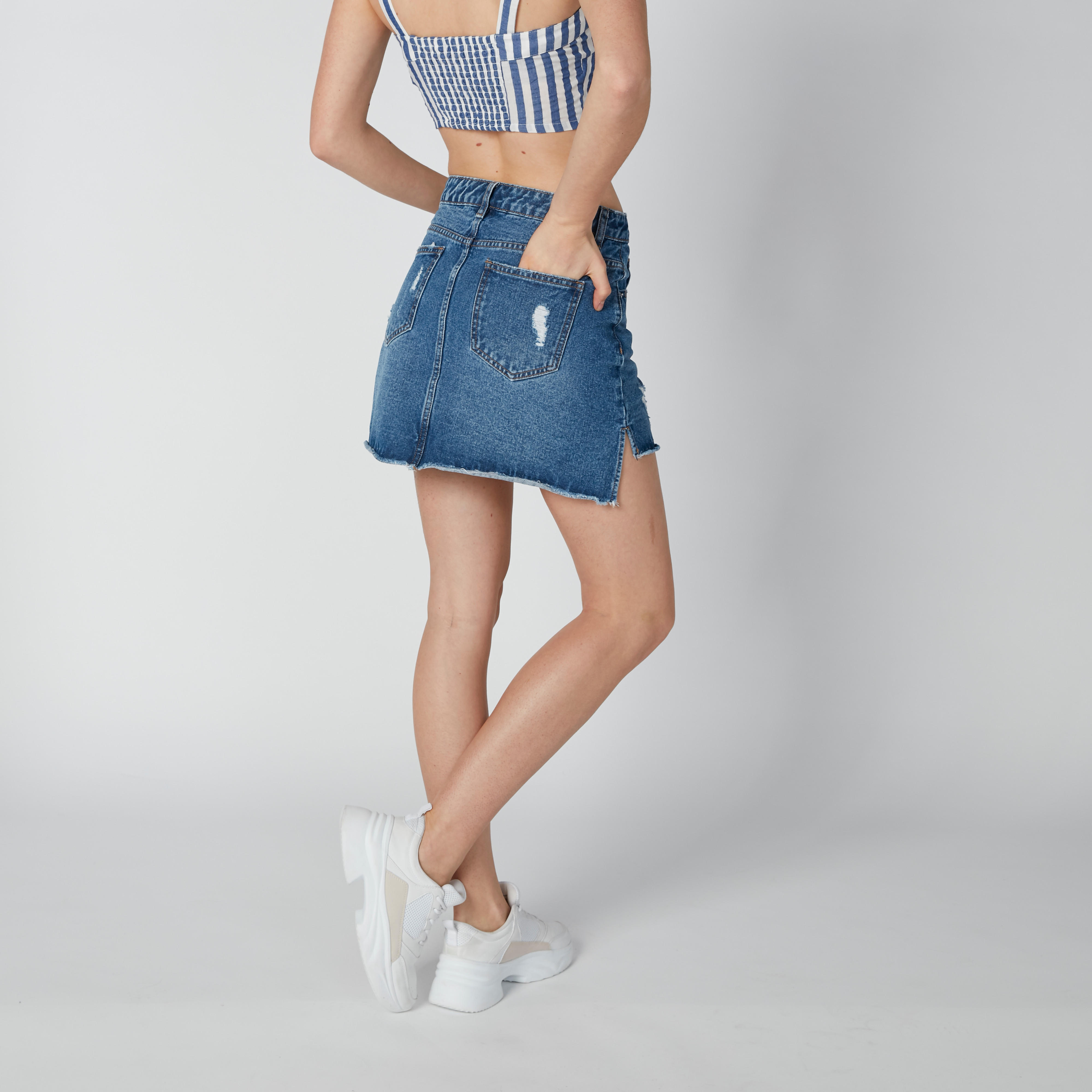 Sustainable Distressted Mini Shift Skirt with High Low Hem-women-clothing-bottoms-skirts-image-3