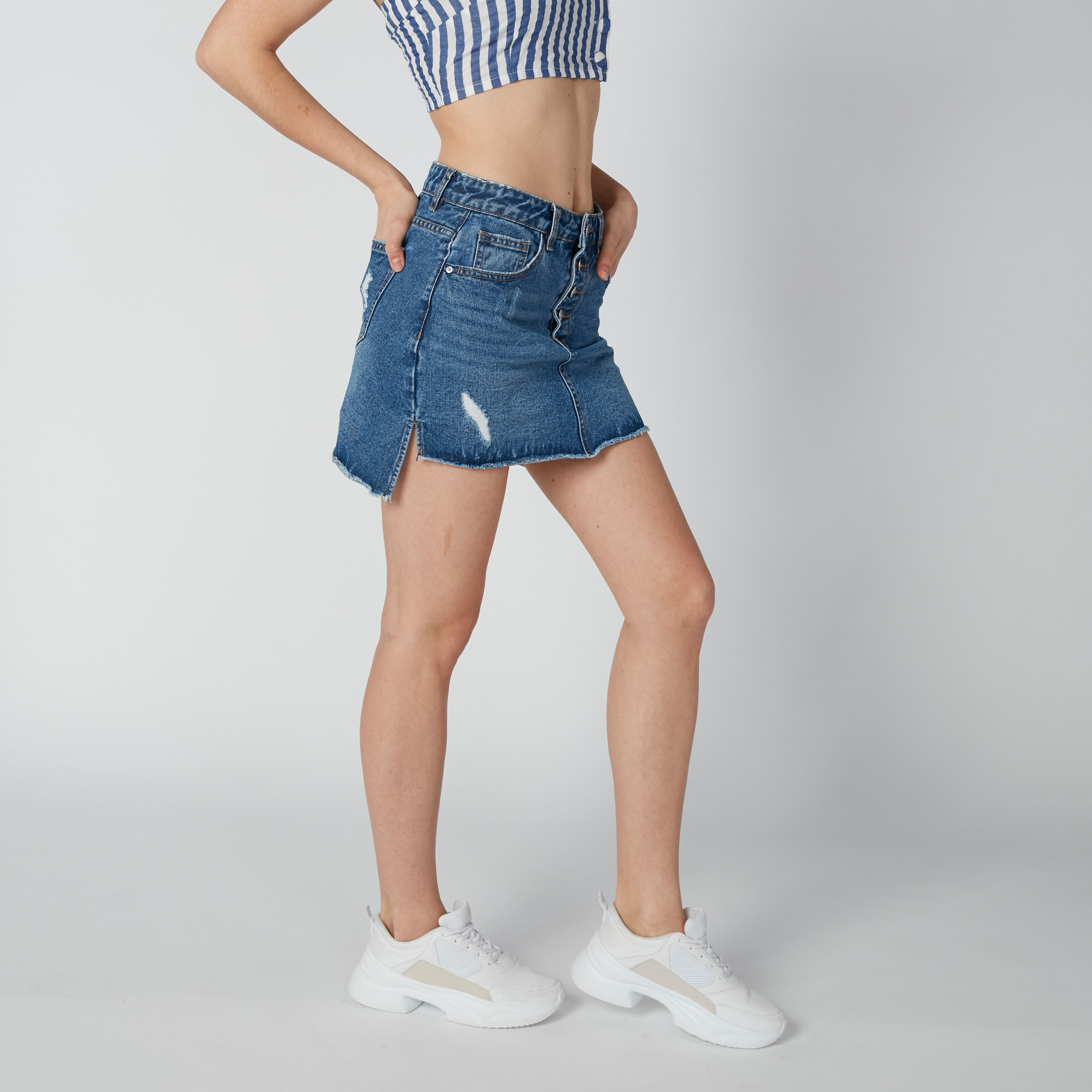 Sustainable Distressted Mini Shift Skirt with High Low Hem-women-clothing-bottoms-skirts-image-4