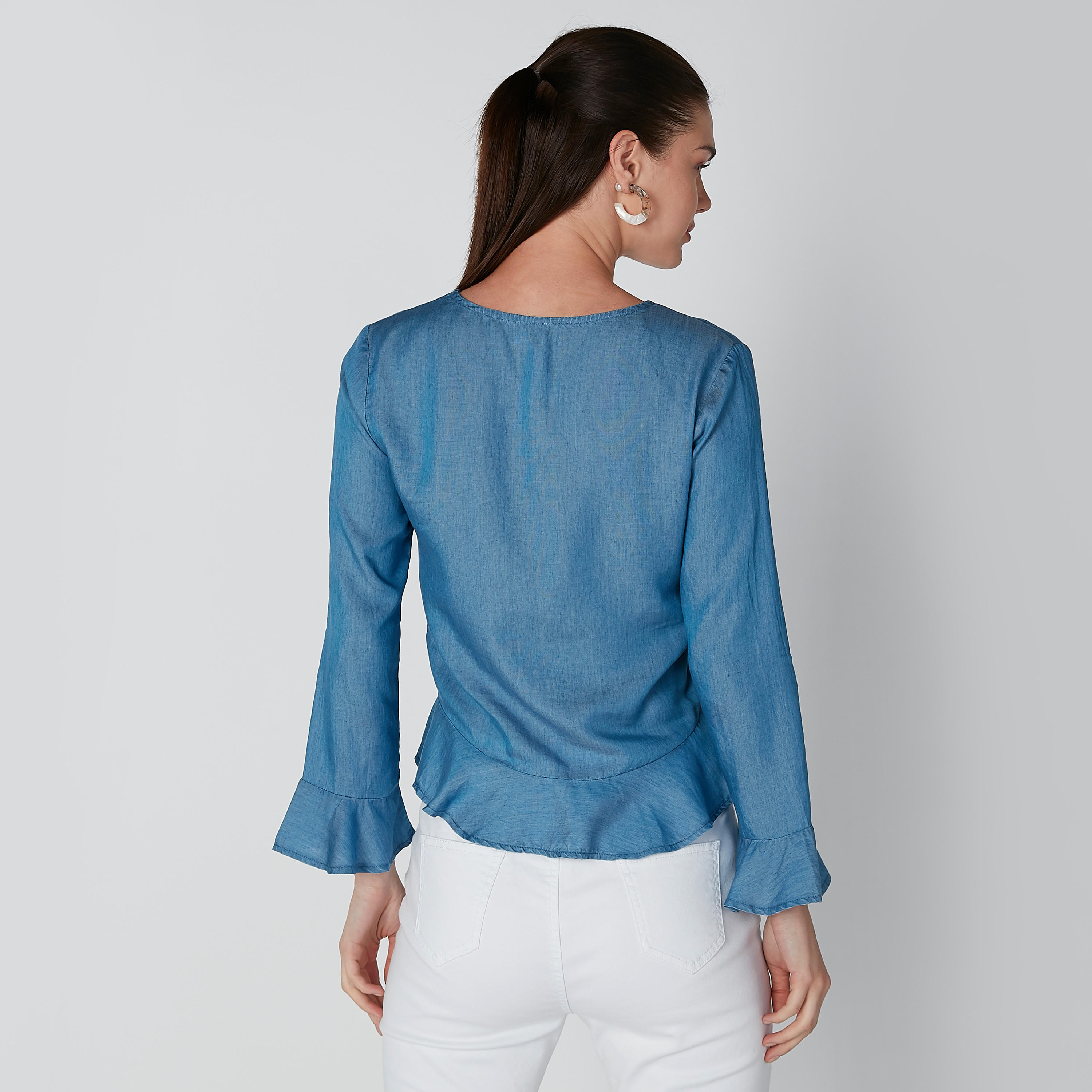 بلوزة سادة بياقة V وأربطة من لي كوبر-women-clothing-shirtsandblouses-blouses-image-2