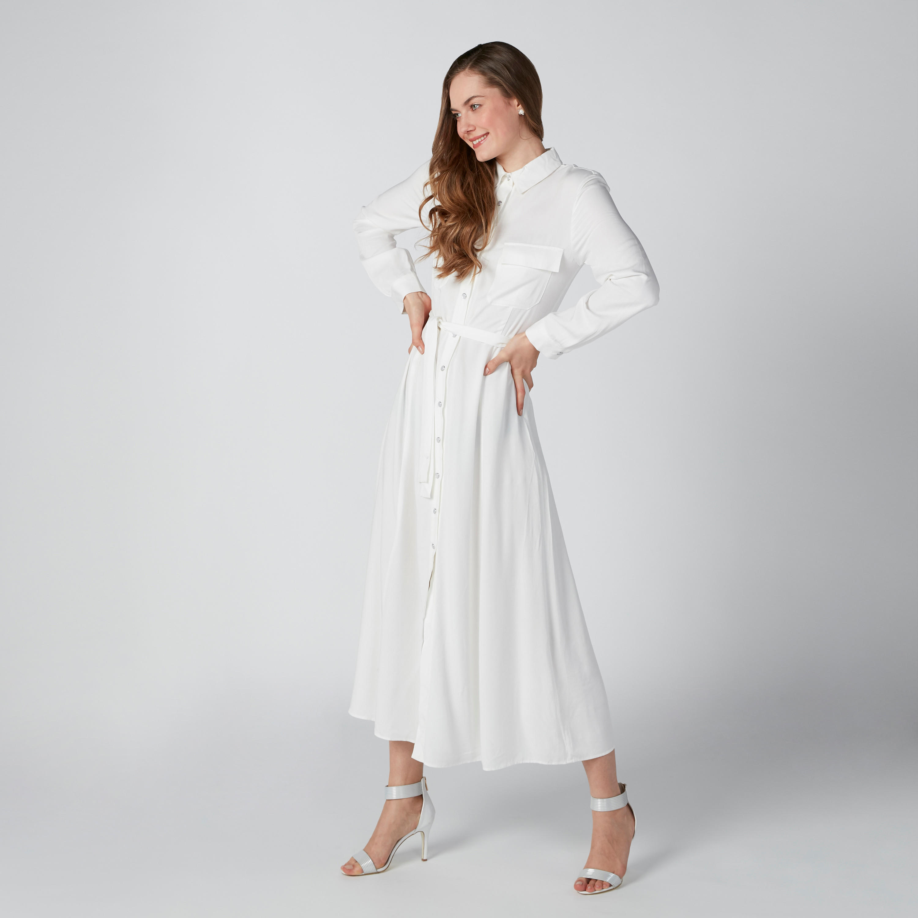 فستان قميص طويل إيه لاين بأربطة وجيوب من لي كوبر-women-clothing-dresses-image-1