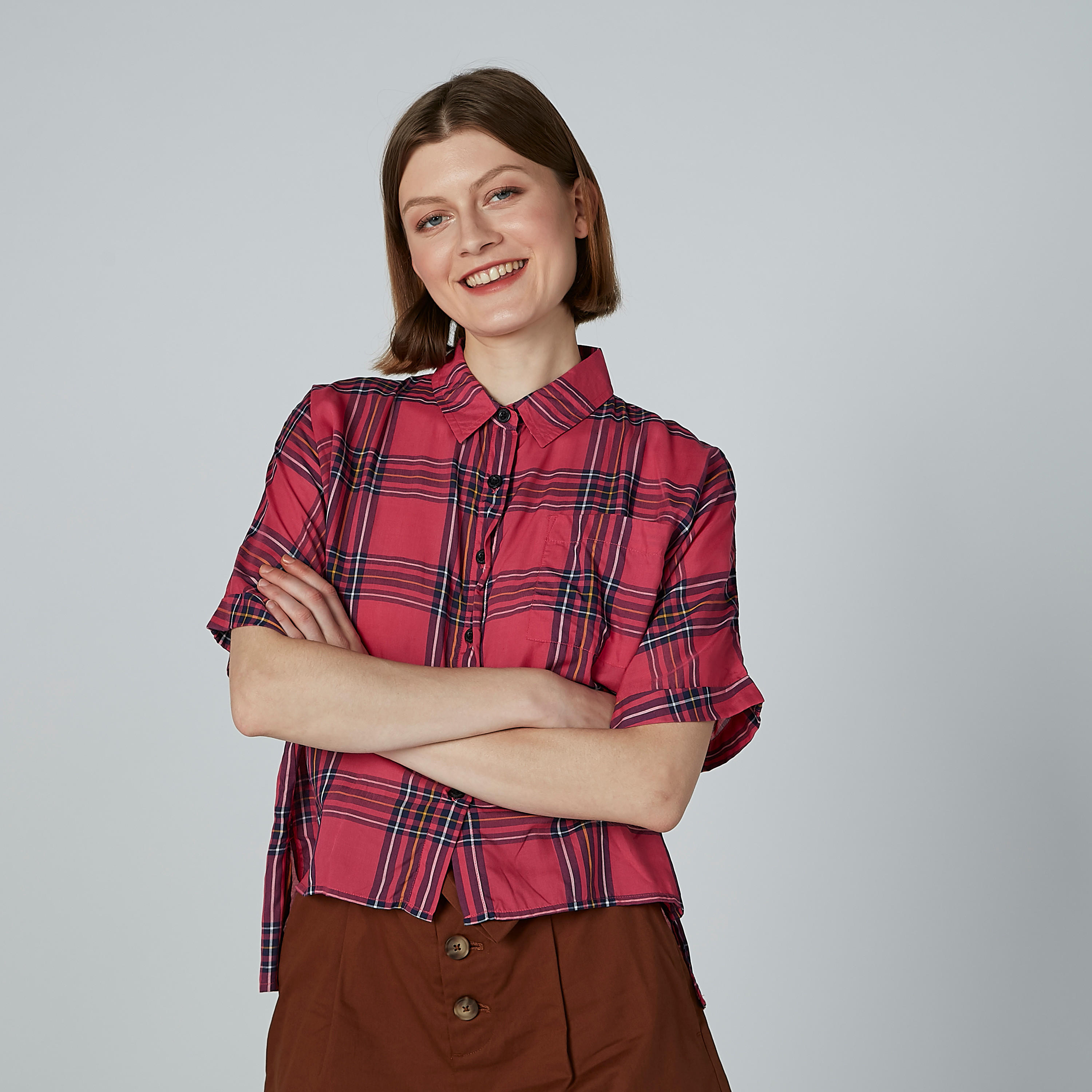 Sustainable Chequered Oversized Shirt with Short Sleeves-women-clothing-shirtsandblouses-shirts-image-1