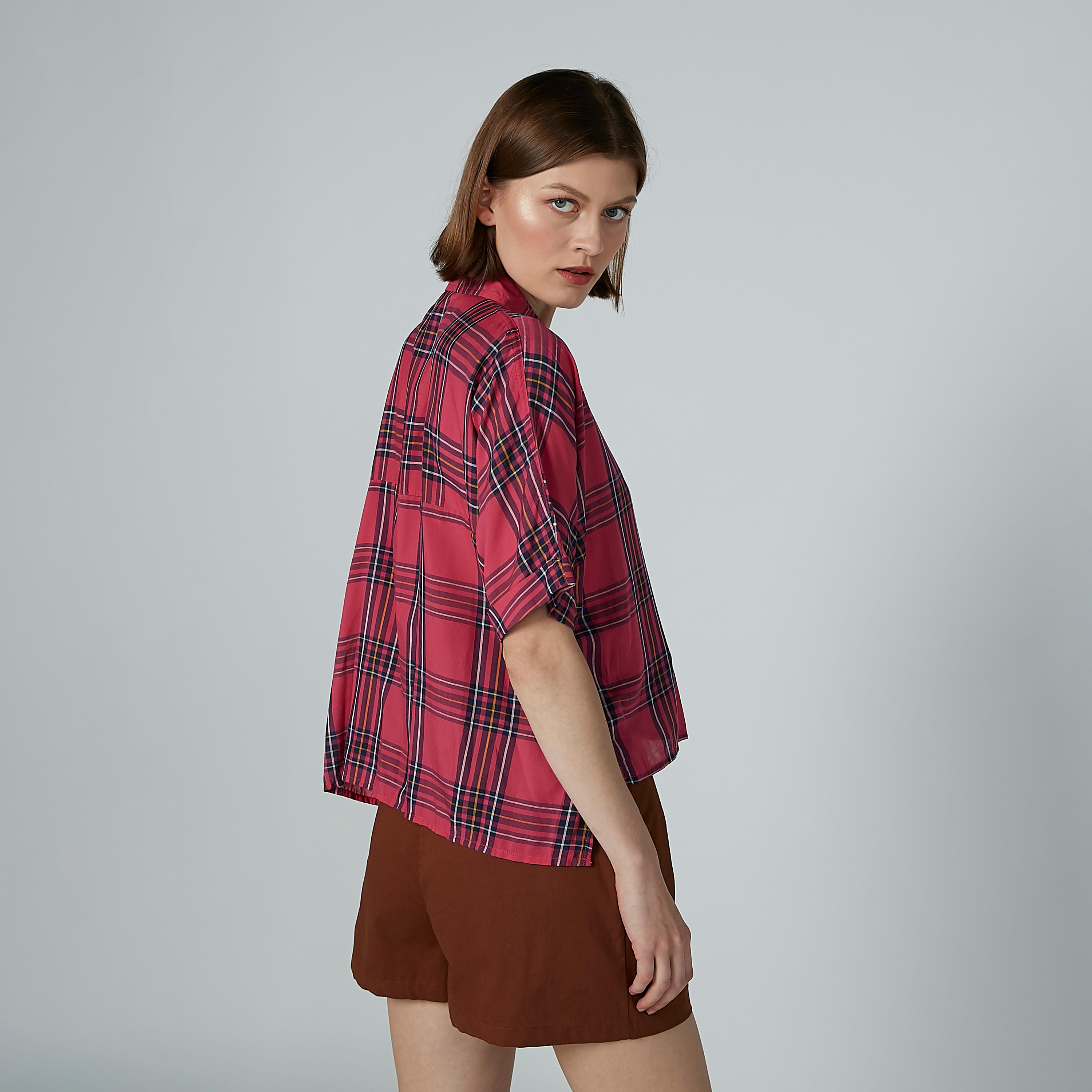 Sustainable Chequered Oversized Shirt with Short Sleeves-women-clothing-shirtsandblouses-shirts-image-3
