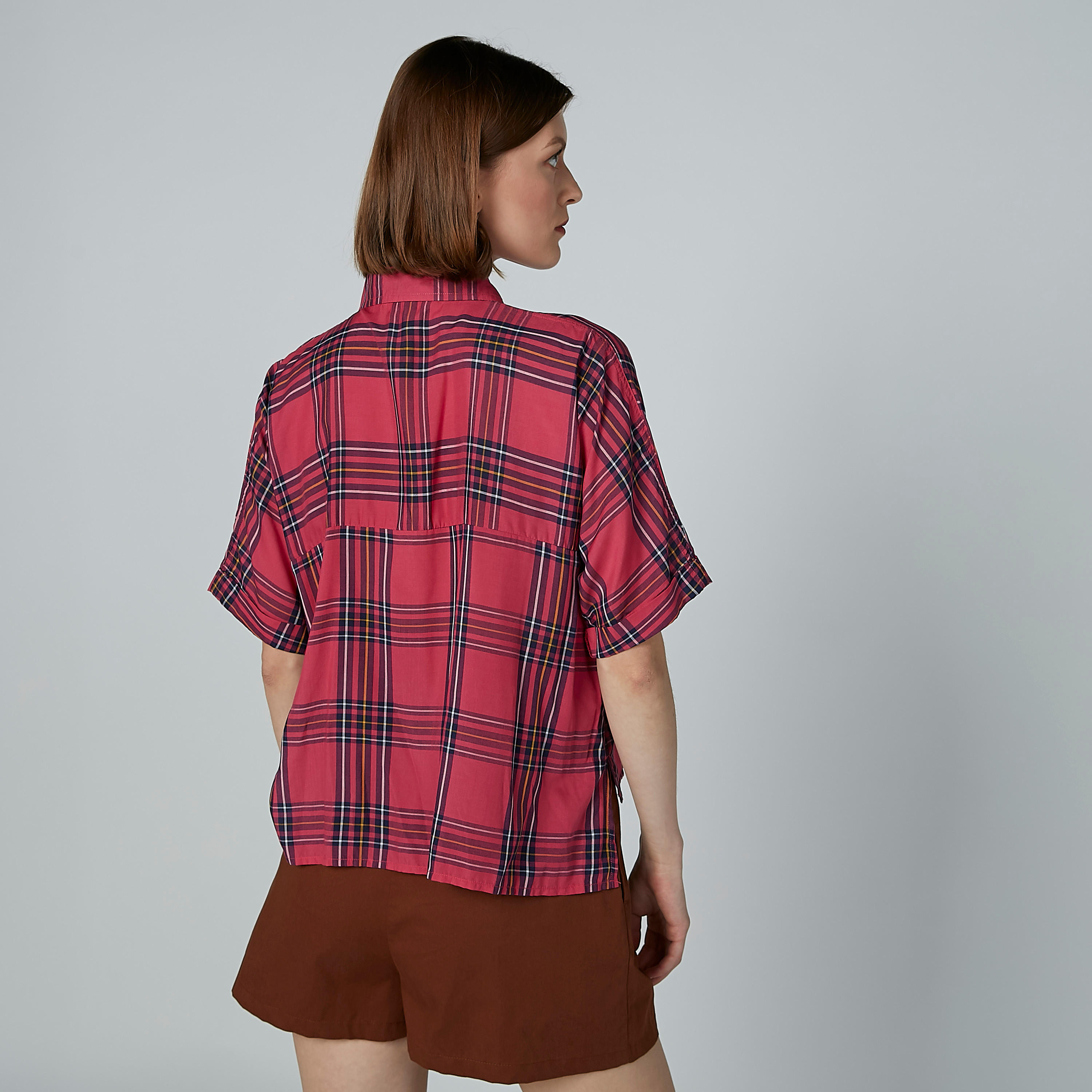 Sustainable Chequered Oversized Shirt with Short Sleeves-women-clothing-shirtsandblouses-shirts-image-4